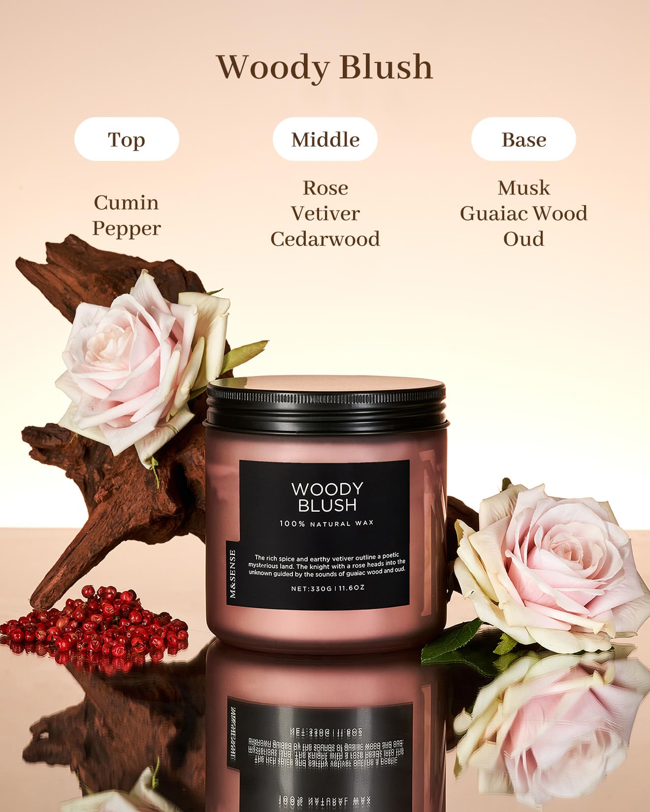 M&SENSE Woody Blush Soy Wax Scented Candles Gifts for Men 330g 70 Hour Burn Time Organic Jar Candles Gift for Women 2 Wick Non Toxic Housewarming Candle for Home Decor Family Friend Party - Image 2