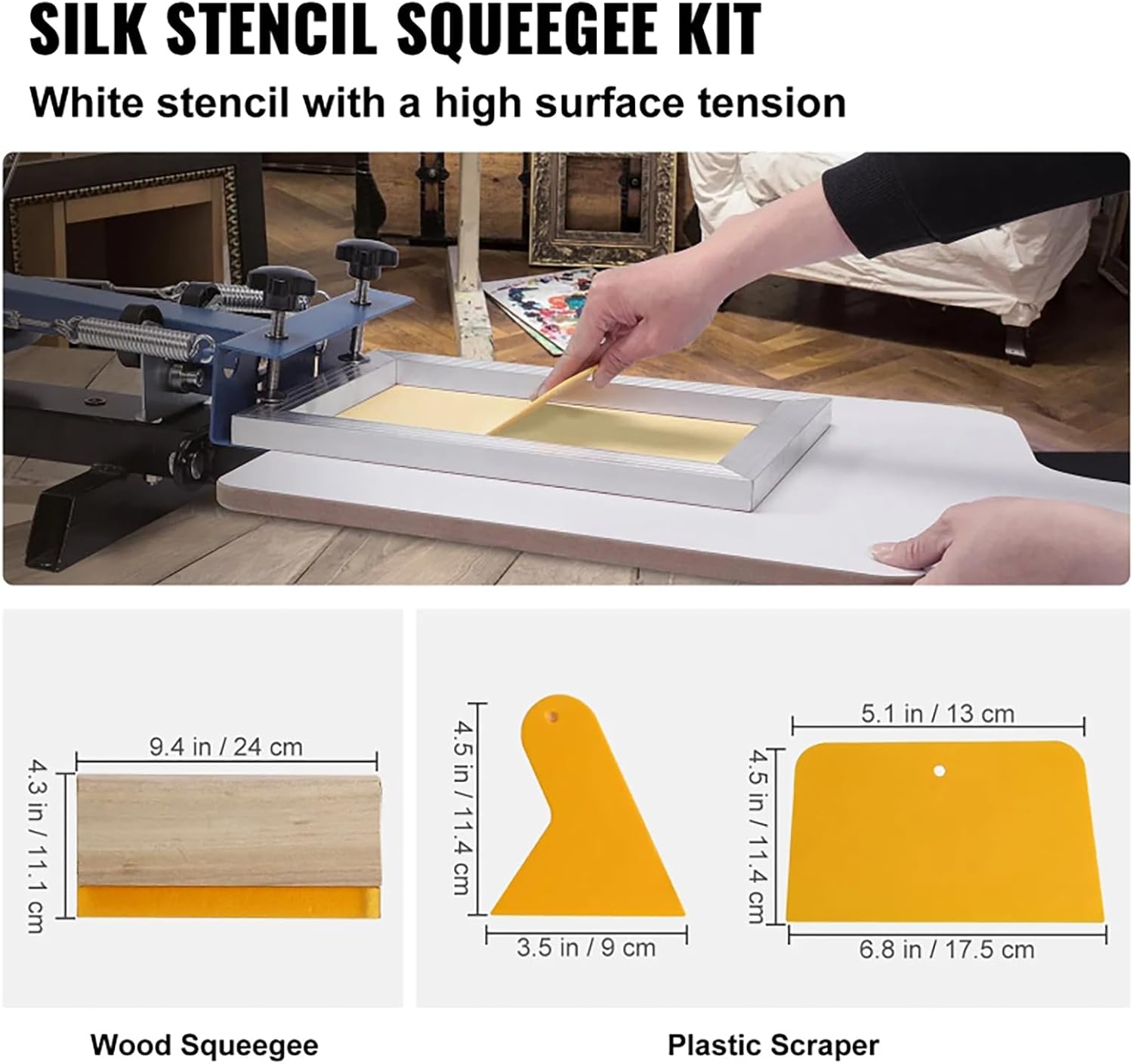 Screen Printing Kit, 3 PCS Aluminum Silk Screen Printing Frames, 5 Glitters and Screen Printing Squeegees and Transparency Films, 6x10/8x12/10x14inch 110 Count Mesh, for DIY T-Shirts Printing