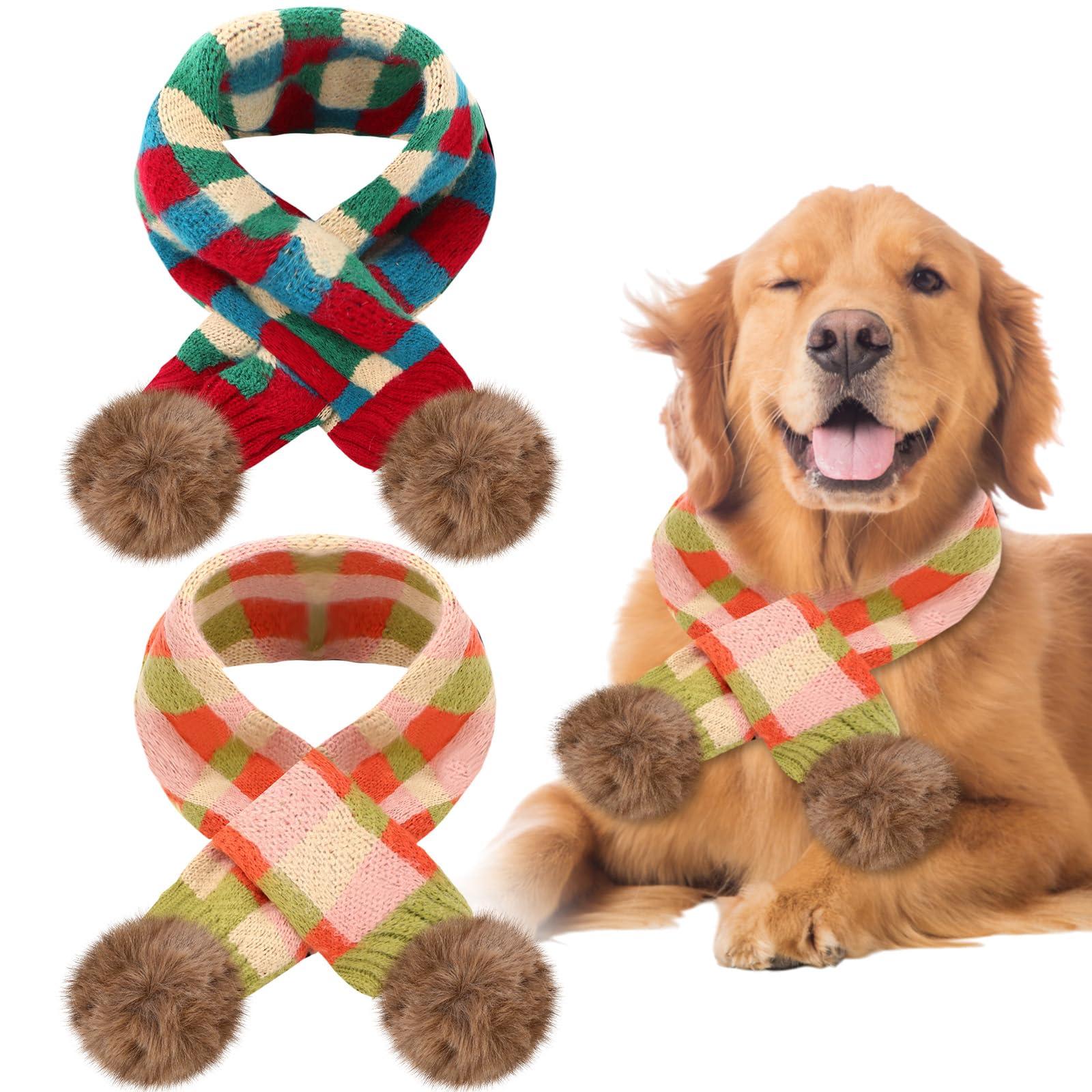 2 Pcs Dog Knitted Scarf Winter Pet Fleece Scarf Dog Warm Scarves with Cute Pompom Puppy Knit Scarves for Small Medium Pet Puppy Cat Winter Holiday Party(Green, Blue,Squares)