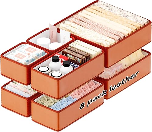 Organizadores de cajones de cuero vegano, paquete de 8 cajas de almacenamiento de maquillaje, cajón de tocador, actualización de lujo, reemplazo de