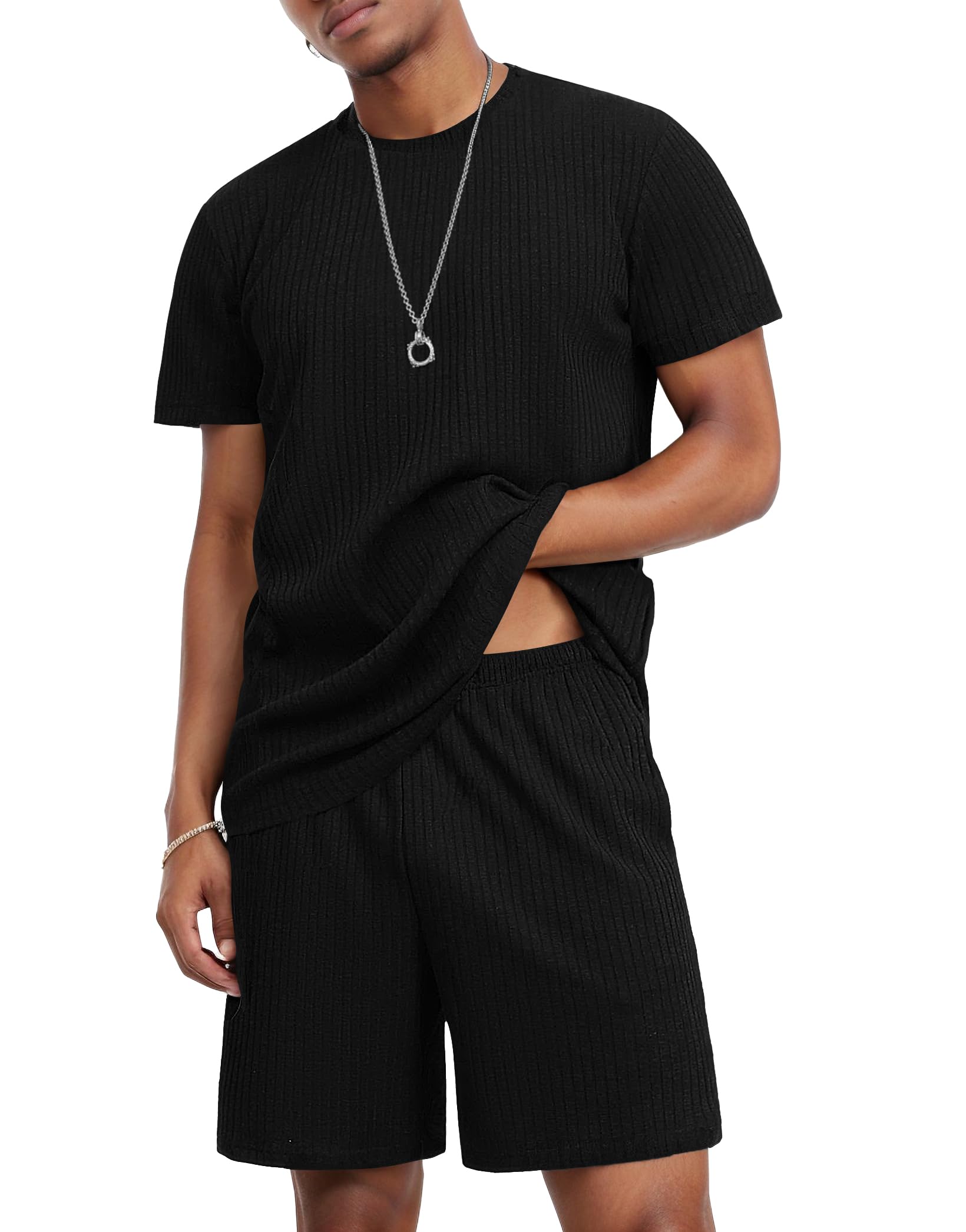 Ekouaer Mens Lounge Set Ribbed Knit Pajamas Set 2 Piece Short Set Outfits Sweatsuit Summer Soft Sleepwear Loungewear