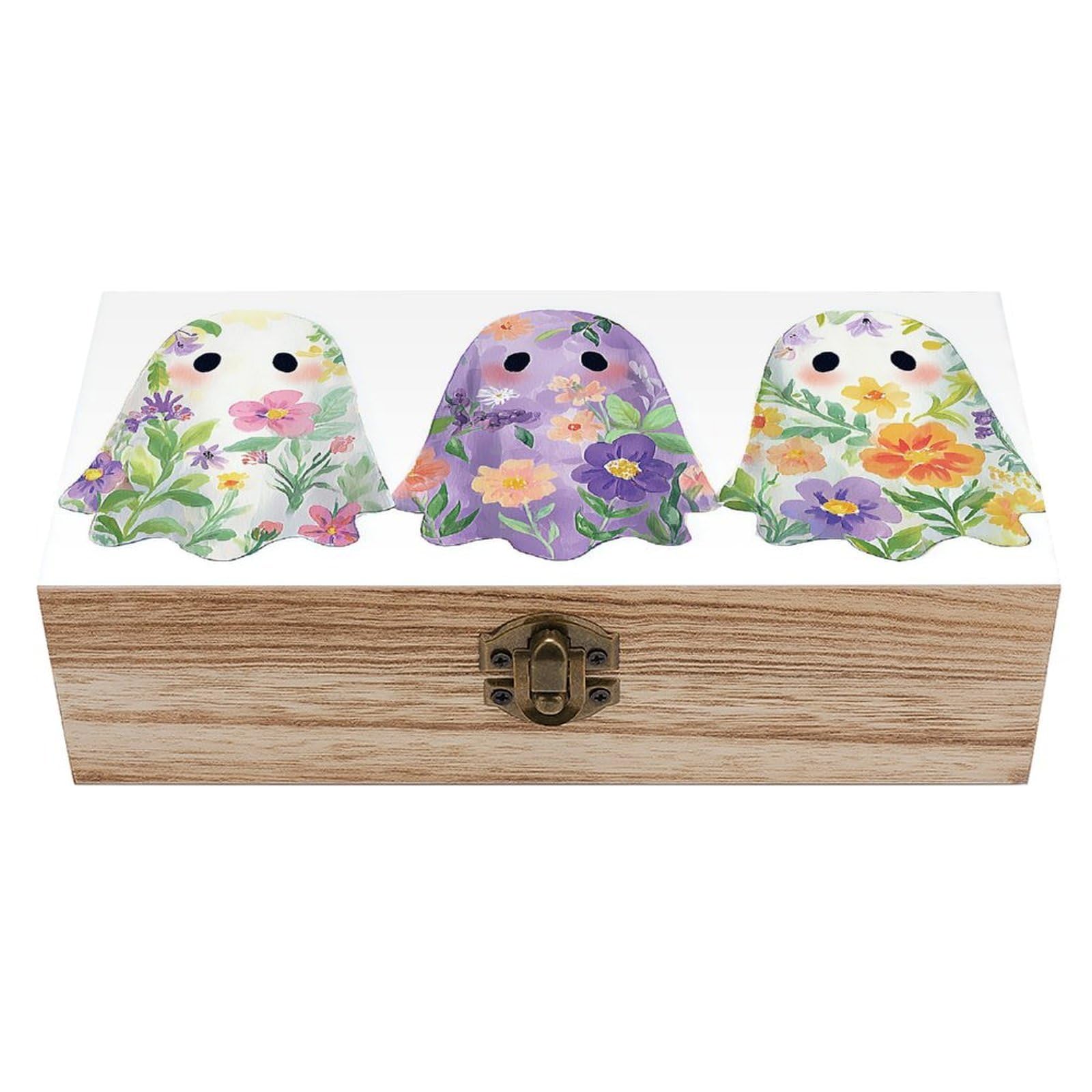 asbwuo 3 Ghosts Vintage Floral Sheets Wooden Storage Box with Hinged Lid