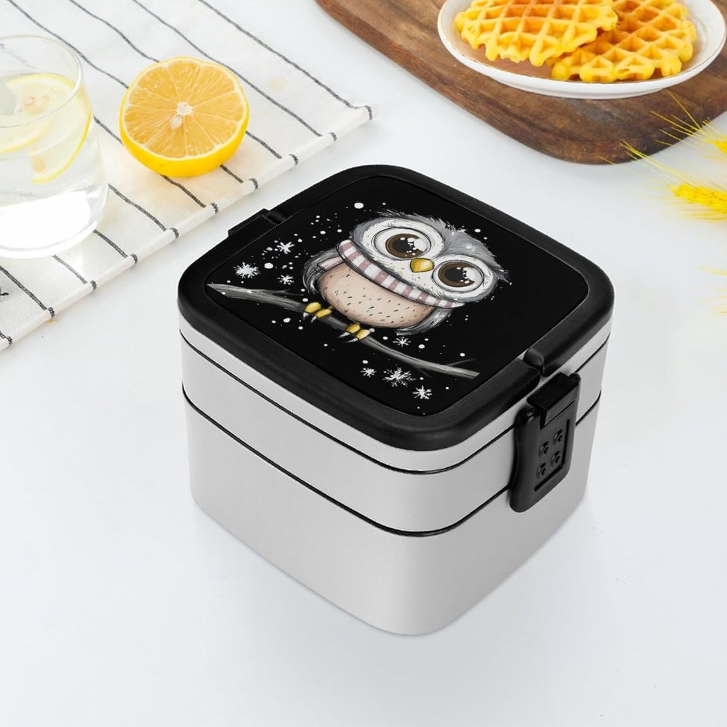 Cute Owl Standing on A Branch Bento Box with Spoon 2 Layer Food Container Cute Lunch Box for Travel Dining Work