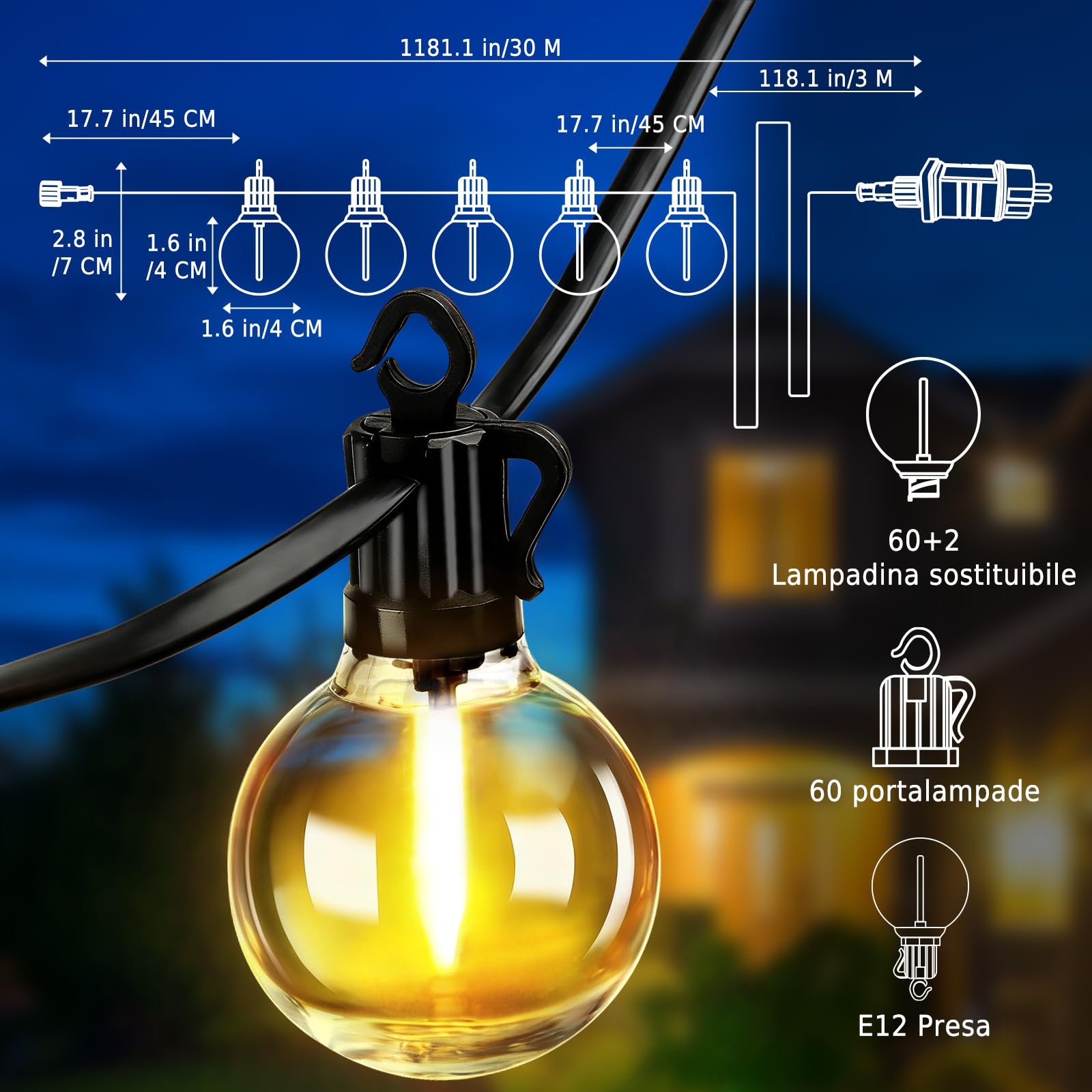 Luci da Esterno Giardino, 10M Catena Luminosa Esterno con 20+2 Lampadine LED, IP65 Impermeabile, 4 Modalità, Dimmerabile, Timer, Luce Filo Illuminazione per Balcone Terrazza (100FT/30M)