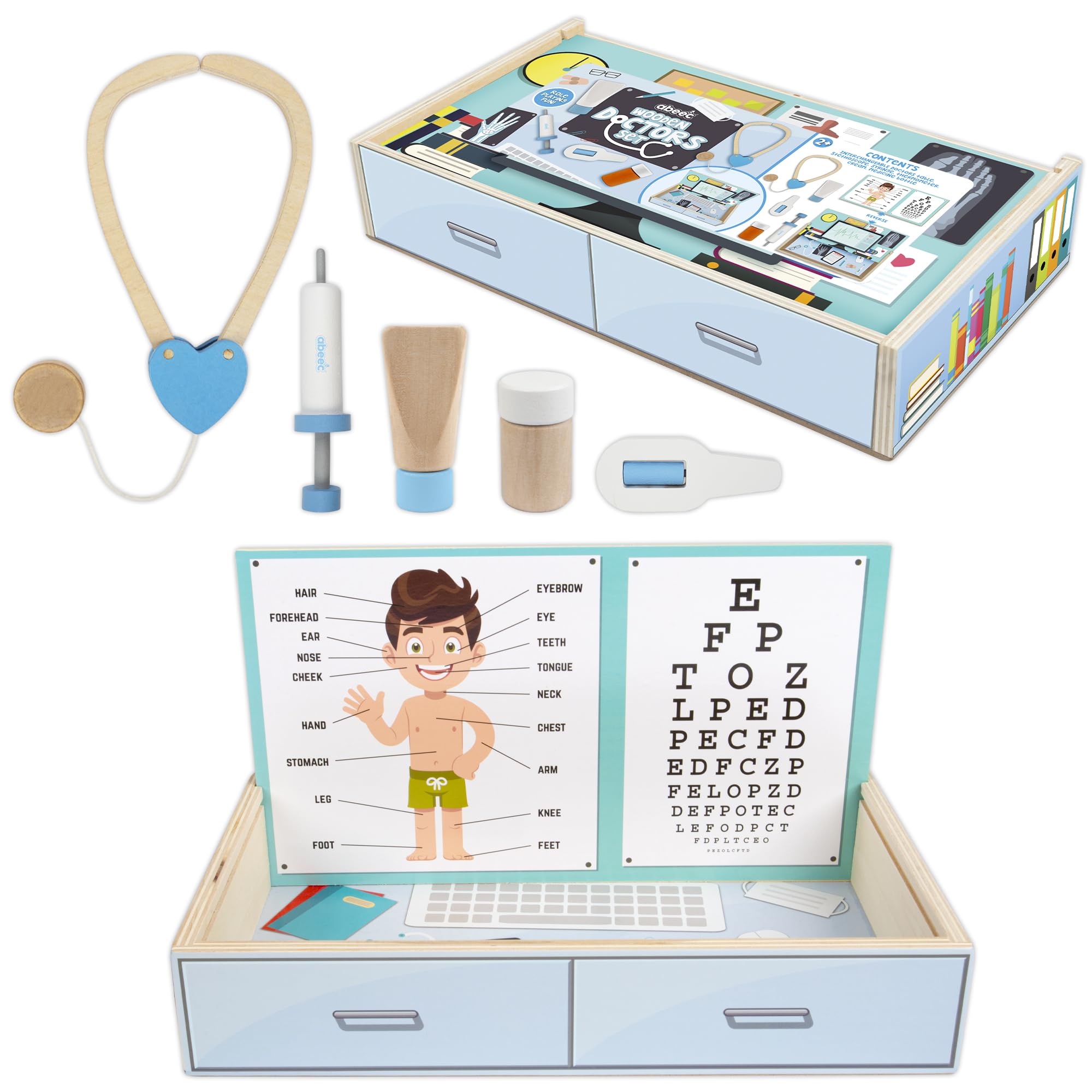 abeec Wooden Doctor Set | Compact Wooden Pretend Play Kit for Toddlers | Role Play Doctors Case with Accessories | Stethoscope, Thermometer, Syringe & More
