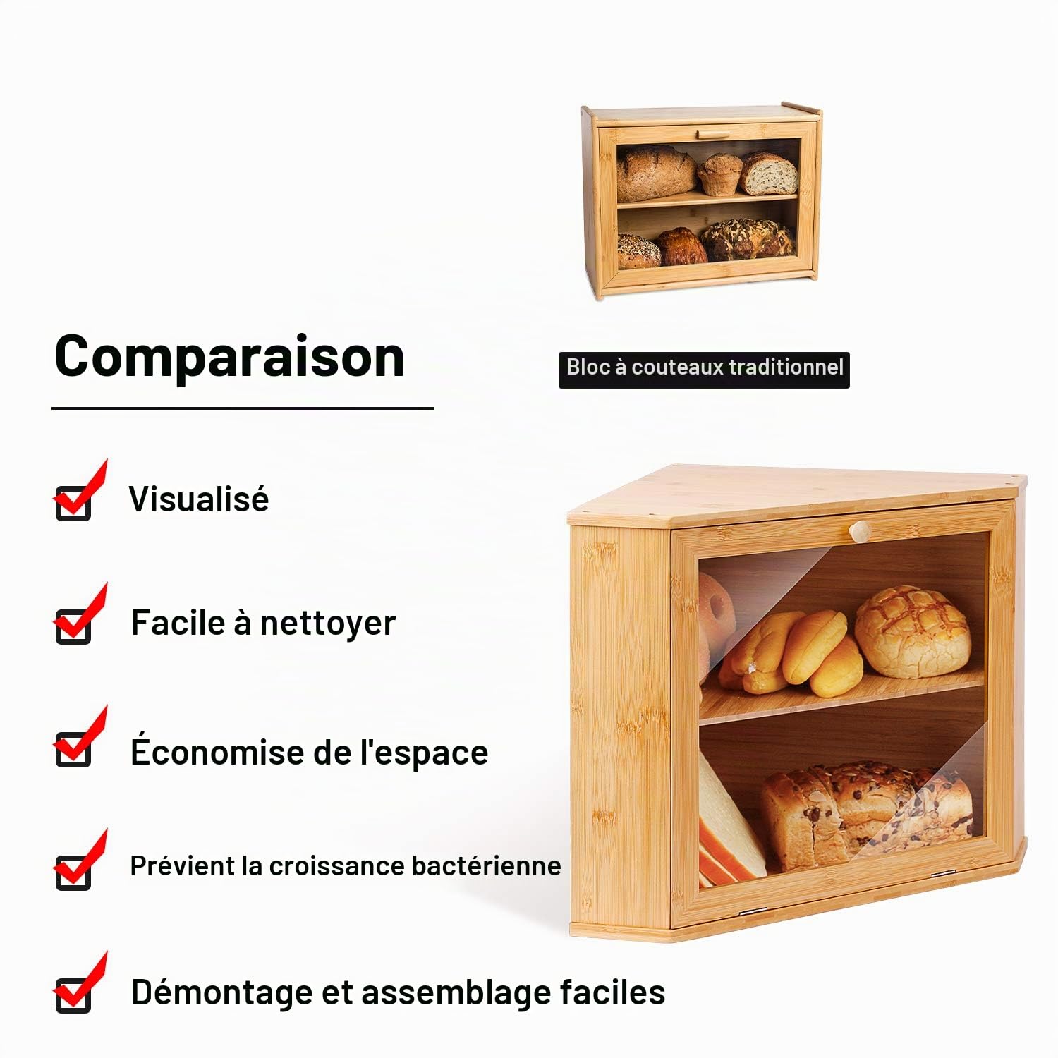 Leader Accessories Boîte à Pain en Bambou 2 Étages d’Angle | Boîte à pain en bambou à 2 étages, design d’angle compact pour pains, baguettes et viennoiseries