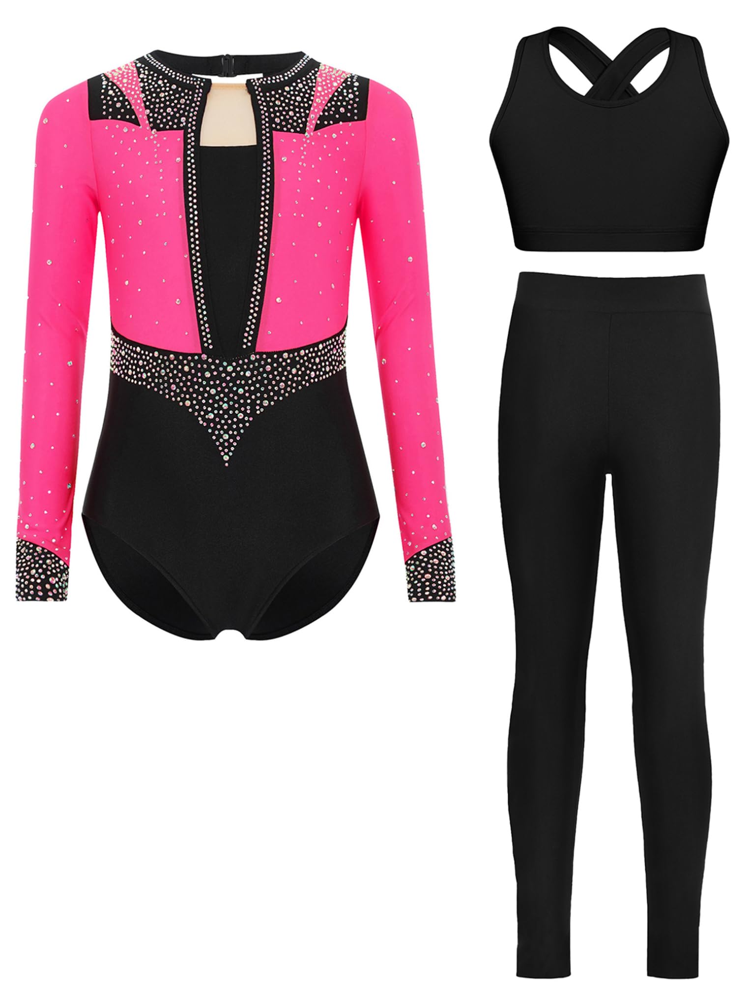 Choomomo Completo da Ginnastica Bambina Body e Pantaloncini con Canottiera Top Completo Pattinaggio Artistico Set 3 Pezzi 5-16 Anni