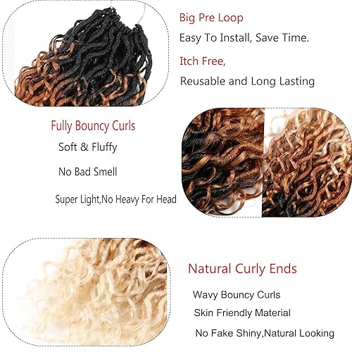 Miniatura 4 de Cabello de ganchillo sintético rubio degradado, 18 pulgadas, 7 paquetes de tres tonos Goddess Locs con extremos rizados, cabello de ganchillo suave