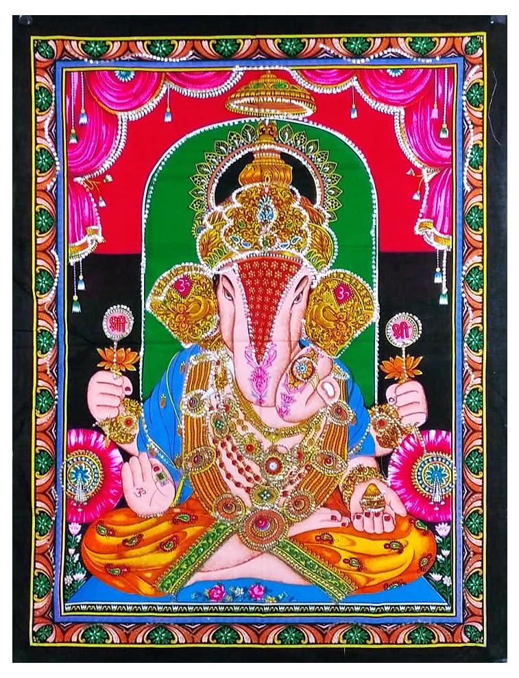 Gangesindia Lord Siddhi Vinayaka Sequin Work Cotton Tapestry, 40" x 30" Inches, Traditional Cotton Print Wall Hanging