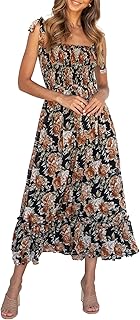 Womens Summer Dress Tie Strap Boho Floral Square Neck Smocked Ruffle A Line Beach Maxi Dresses