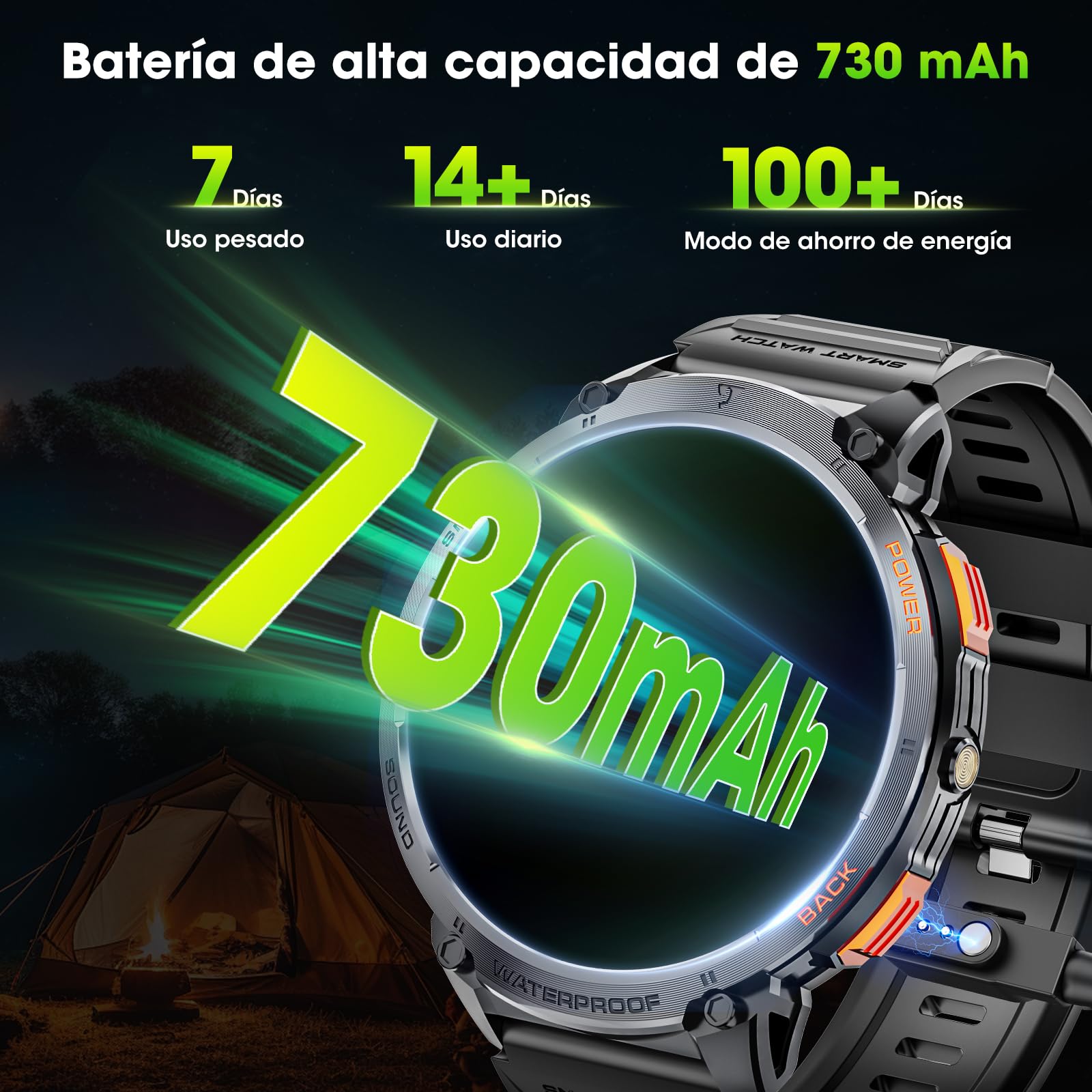 Smartwatch Militar para Hombres con Llamadas Bluetooth, 1,85" HD 730 mAh, IP68，Seguimiento de Fitness con Linterna LED,Frecuencia Cardíaca 24/7, Monitoreo de Sueño,Compatible Android e iOS