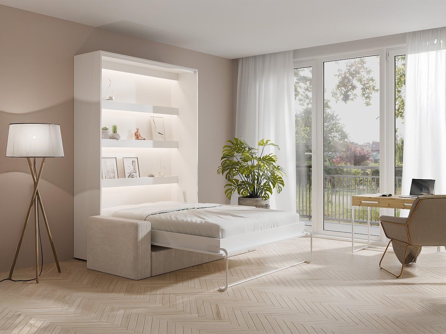 Vente-unique - Lit escamotable 160 x 200 cm - Ouverture Verticale Manuelle - avec LEDs - Blanc + Canapé en Velours côtelé Beige - RAPILI