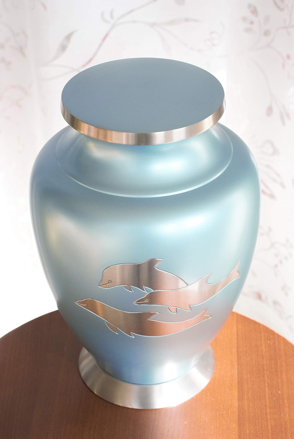Today's A Gift Silver Dolphins Cremation Urn for Human Ashes, Handcrafted Adult Size Brass Memorial Urn with Engraved Dolphins, Secure Lid & Sky Blue (10.7 Inches)