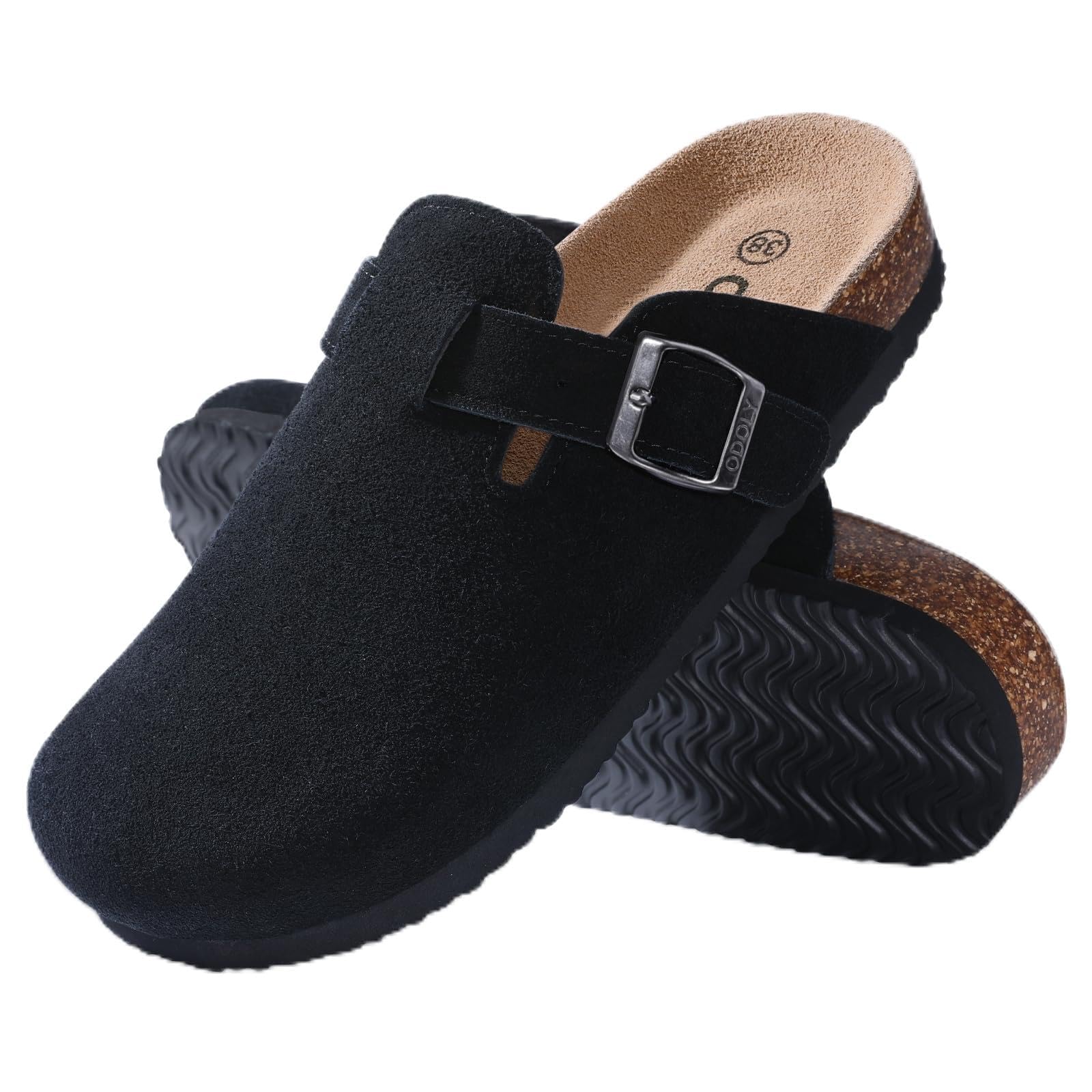Women's Suede Clogs Soft Cork Footbed Leather Mules Comfort Potato Shoes with Arch Support, Black-39