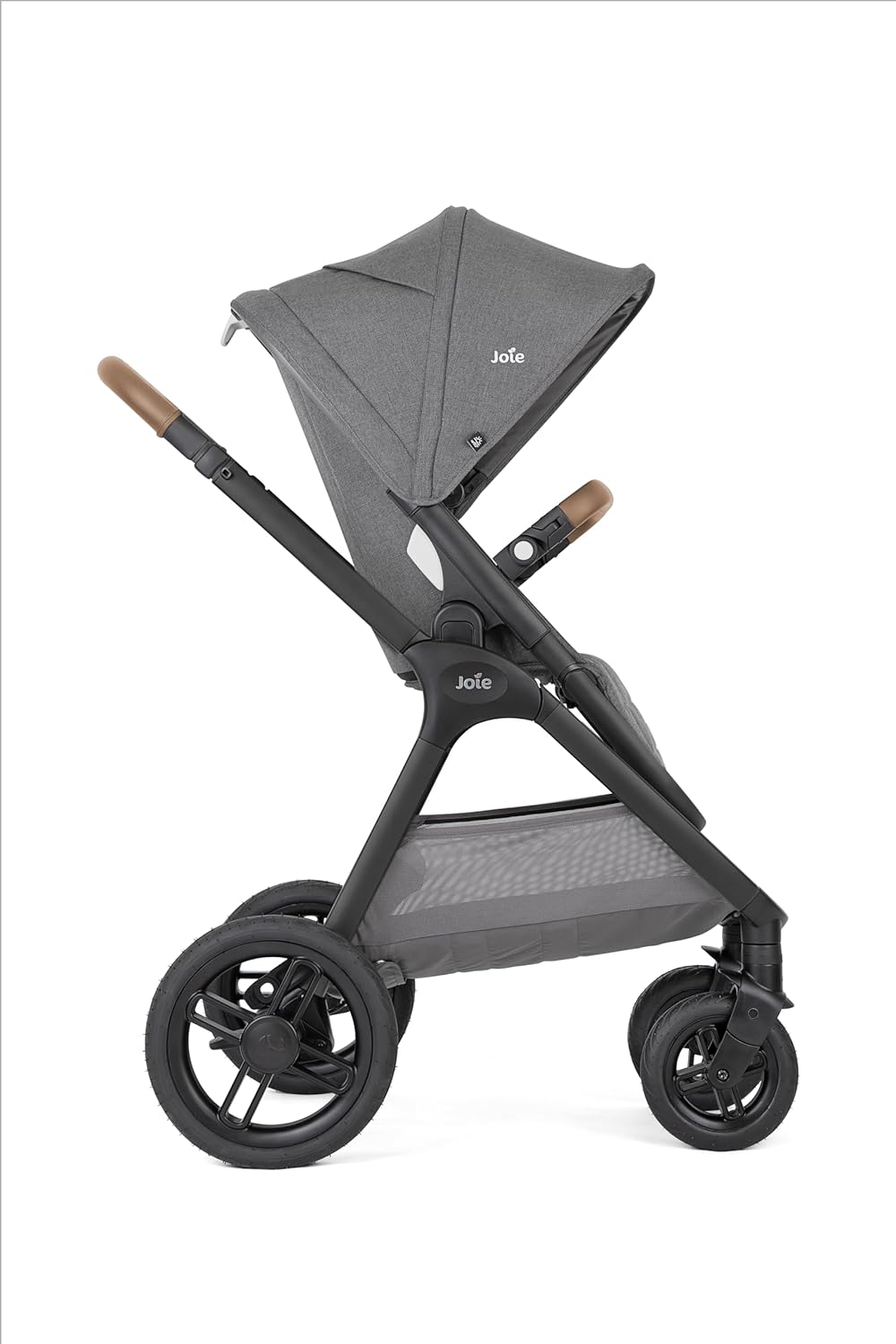Side view of the Joie Honour Thunder Reversible Stroller in grey, showing the frame and wheels.
