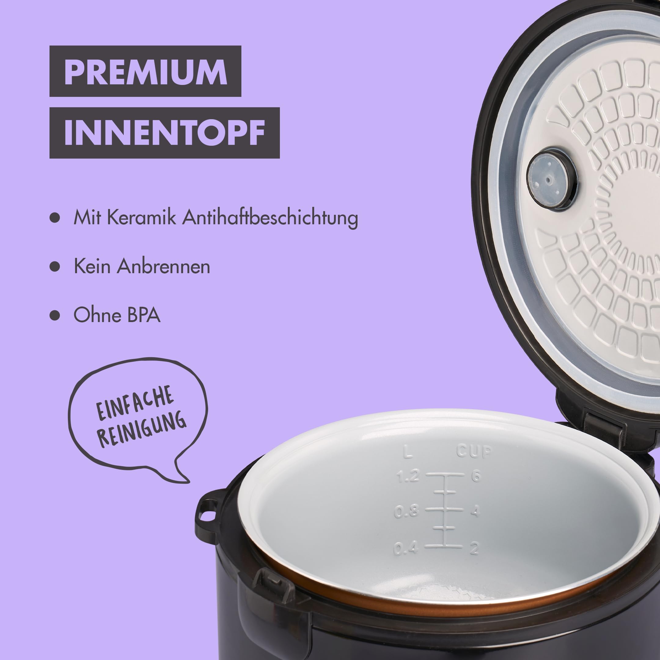 REISHUNGER Reiskocher Dampfgarer Keramikbeschichtung 1,2L Schwarz Warmhaltefunktion Dämpfeinsatz