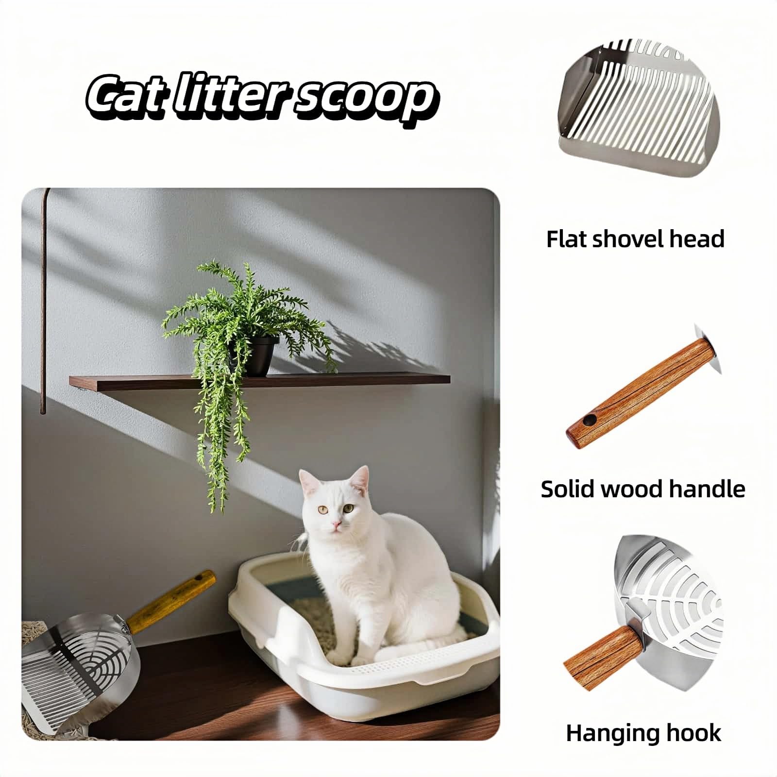 Premium Stainless Steel Cat Litter Scoop-Triple Guard Walls&Non-Stick Design,Silver,Flat Shovel Head Design Solid Deep Edge Wood Handle,Dual Hooks 1Pack,6.1x5.3inch (Silver long strip) (Silver) - image 2