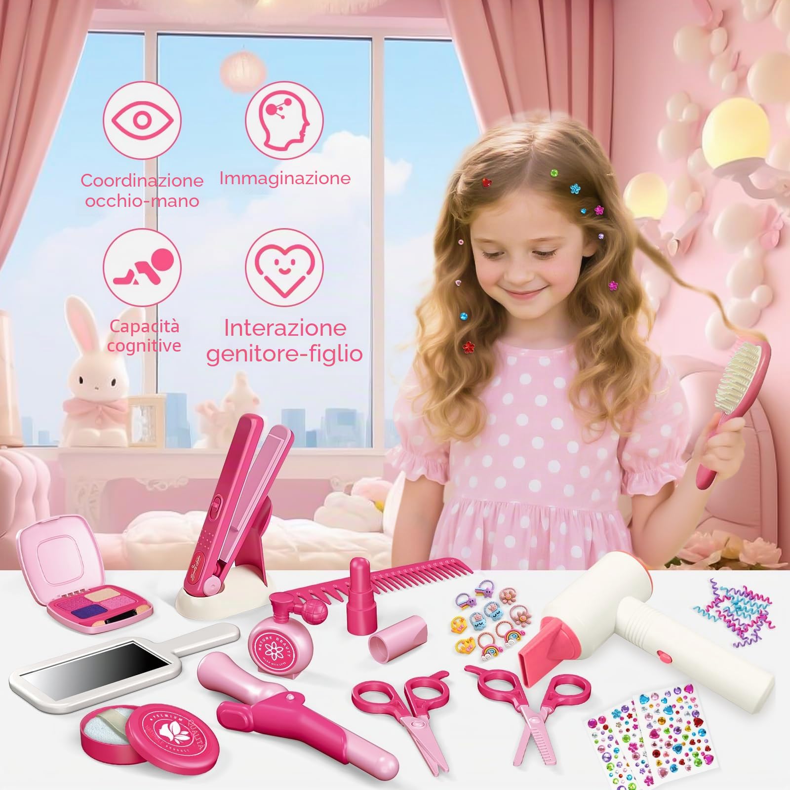 RedCrab Set Parrucchiera per Bambina con Asciugacapelli, Arricciacapelli, Piastra per Capelli, Pettine, Specchio e Accessori per Capelli, Giochi di Ruolo Regali per Bambini 3 4 5 6 7 8 Anni