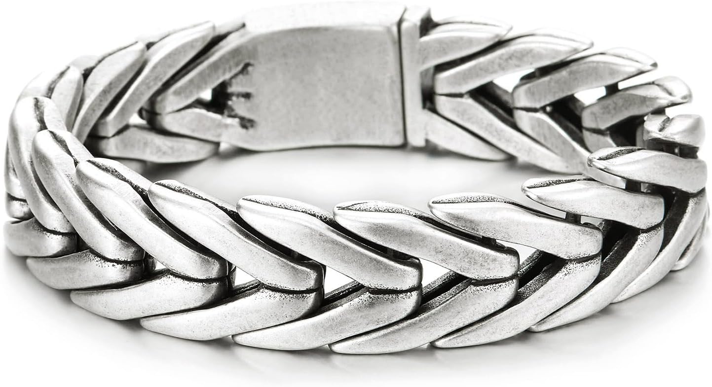 COOLSTEELANDBEYOND Men's Heavy Stainless Steel Braided Wheat Chain Bracelet, Woven Link, Biker Jewelry Silver Color