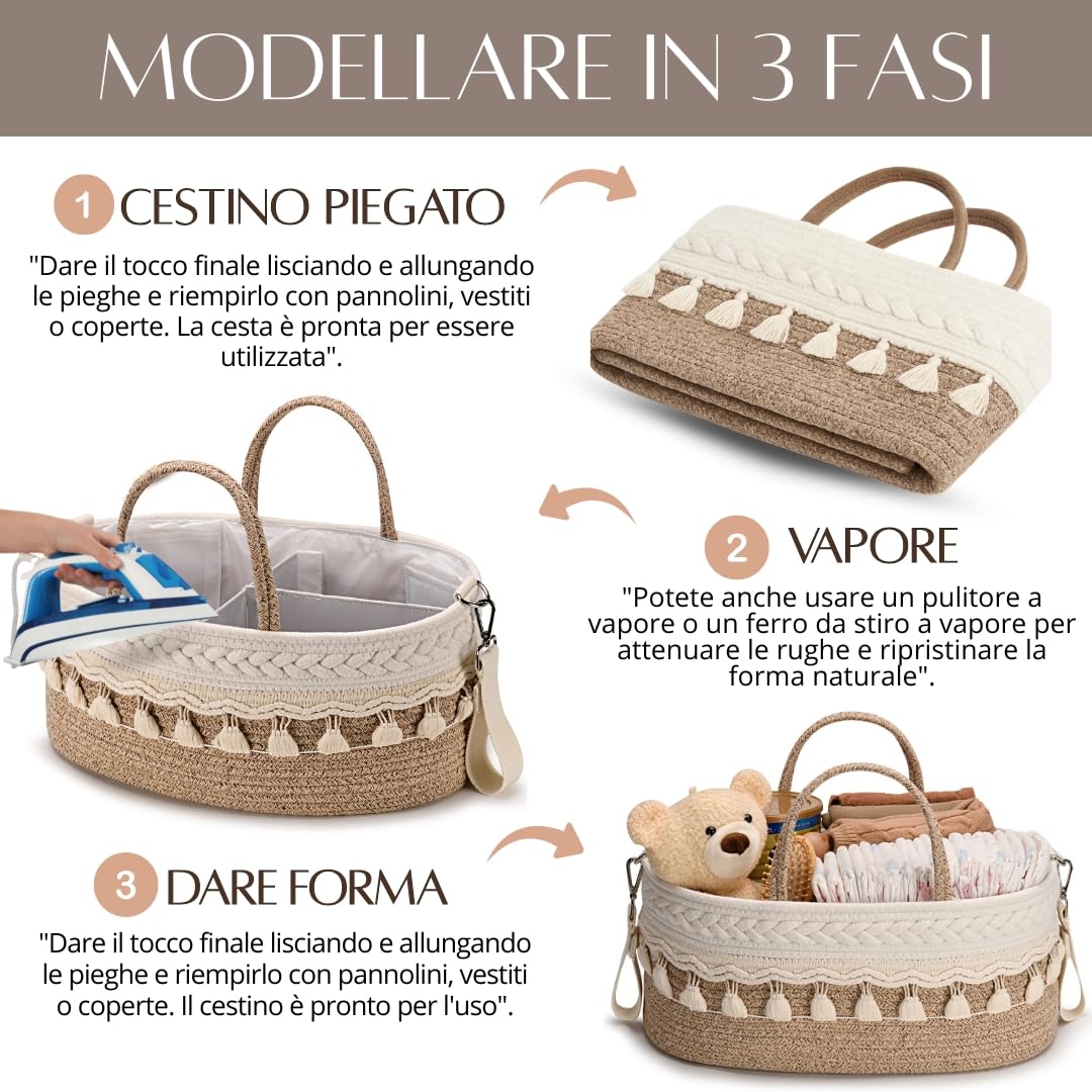 SEBRAM Organizer Fasciatoio per Neonati – Organizer Pannolini Beige Boho, Cesta Fasciatoio Neonato con Tracolla Regolabile & Tasche Termiche/Include maniglie bianche (vedi video)