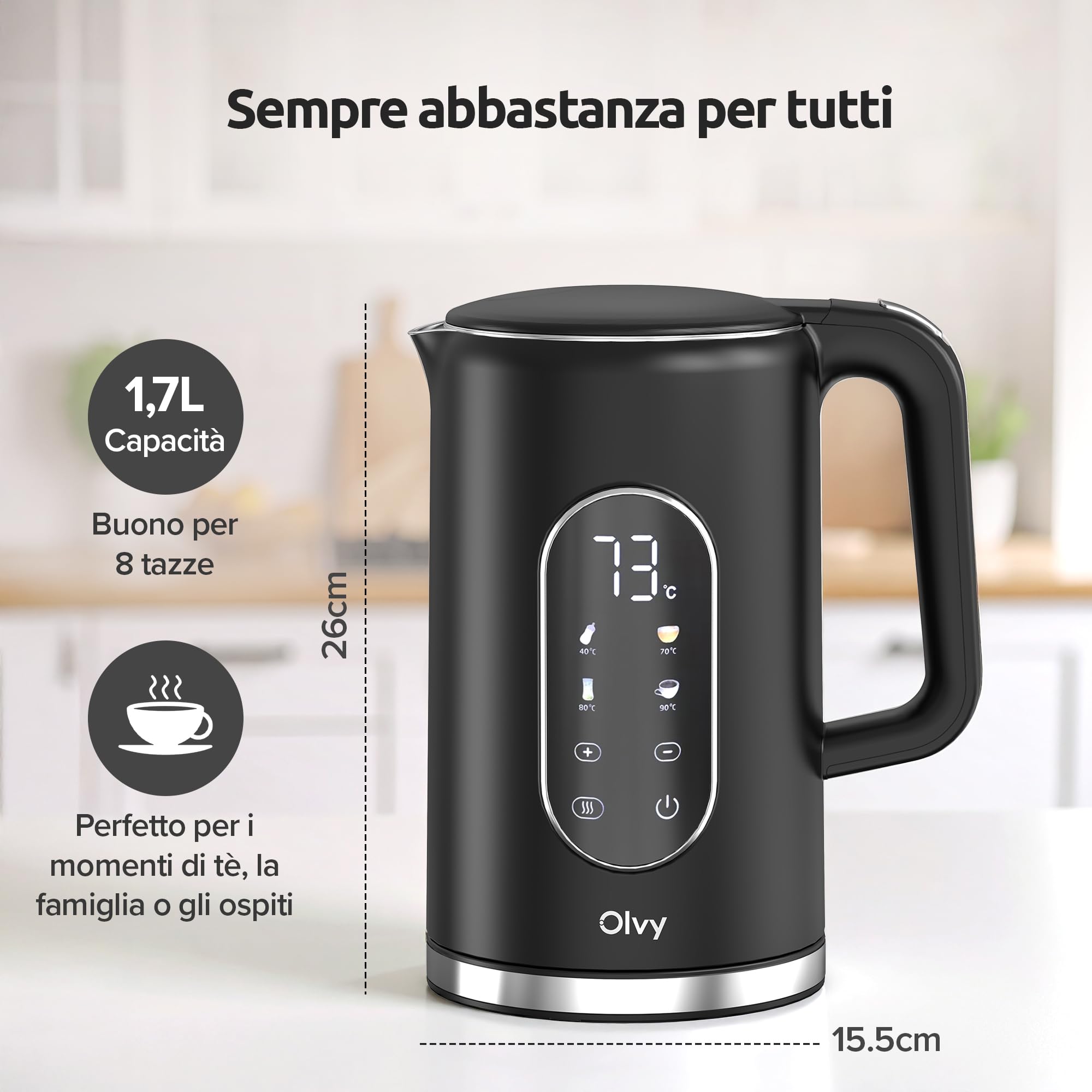 Olvy Bollitore elettrico da 1,7L senza fili, controllo della temperatura e funzione di mantenimento in caldo, doppia parete in acciaio inox Cool-Touch, filtro anticalcare – kettle elettrico 2200W