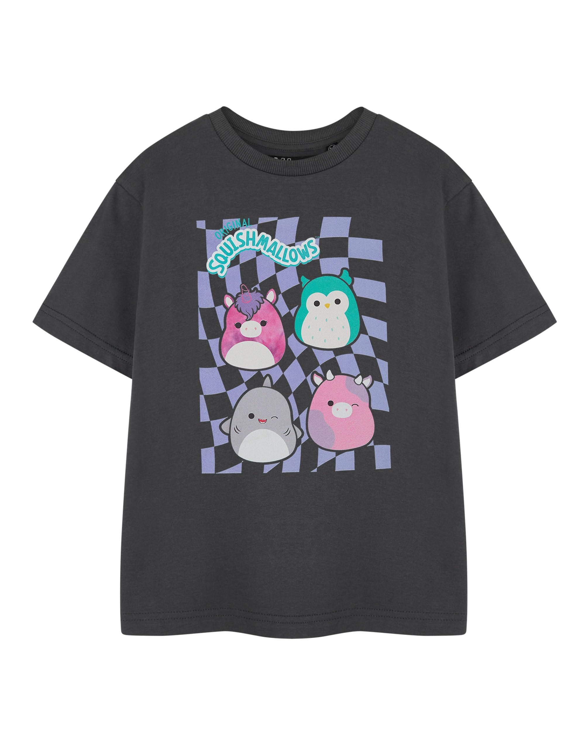 Squishmallows Girls Grey Checkerboard Short-Sleeved T-Shirt | Graphic Tee for Kids | Cute Print Top | Comfy Children's Apparel | Fun Merchandise Gift