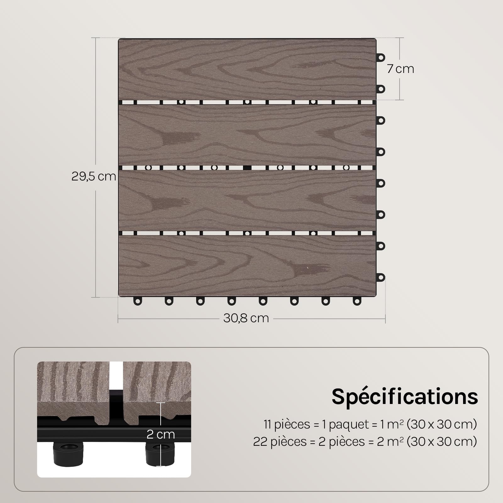WOLTU Carrelage de sol, Dalle WPC, Brun(22 pièces / 2 m²)