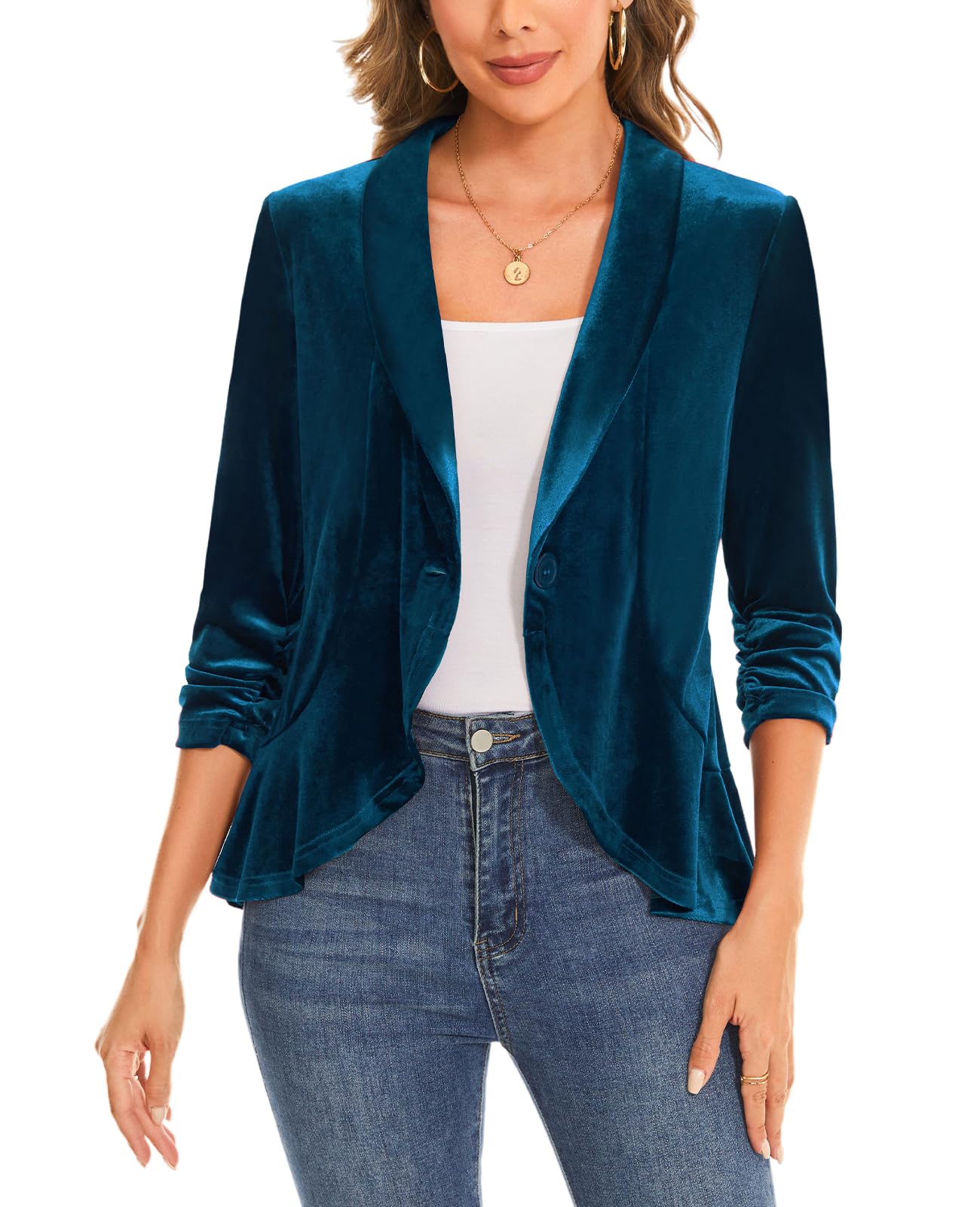 MINTLIMIT Velvet Suit Jacket for Women Ruched 3 4 Sleeve Shawl Lapel Button Front Blazer Business Casual Outfits