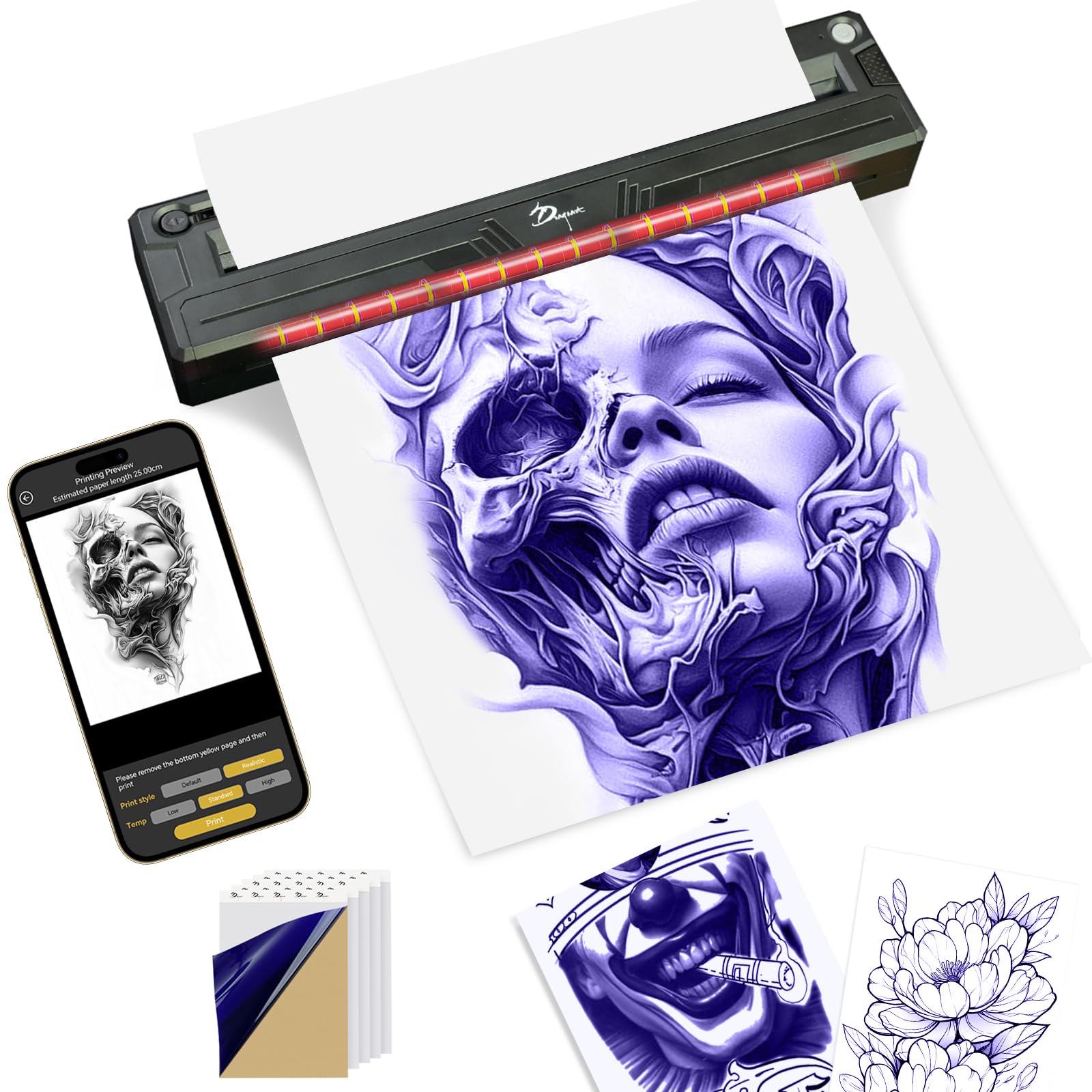 ZG Wireless Tattoo Stencil Printer,Portable Wireless Bluetooth Thermal Tattoo Printer for Long Image Printing. Compatible for iOS & Android Phone,Laptop & iPad.5 Transfer Papers Included