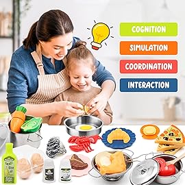 Kids Pretend Play Kitchen Accessories Set, 38Pcs Stainless Steel Play Pots Pans Sets for Kids, Toy Cookware Cooking Utensils Play Food Dish Toddler Kitchen Playset Gifts for Boys Girls
