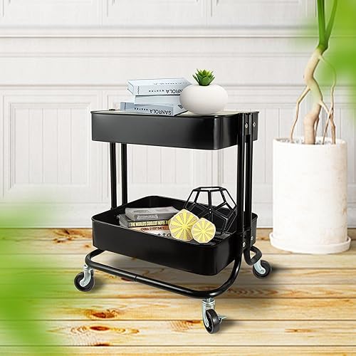 Miniatura 7 de Carro rodante de 2 niveles, carro de metal con ruedas y cubierta para la organización de la cocina, el hogar, la oficina