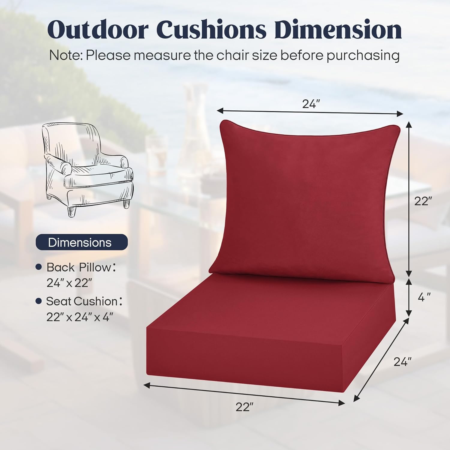 puredown® Outdoor Seat Cushions 24 X 24 X 5.75 Inch, Waterproof & Fade Resistant Patio Furniture Replacement Cushions with Removable Cover for Chair, Sofa, Couch, Wicker, Burgundy