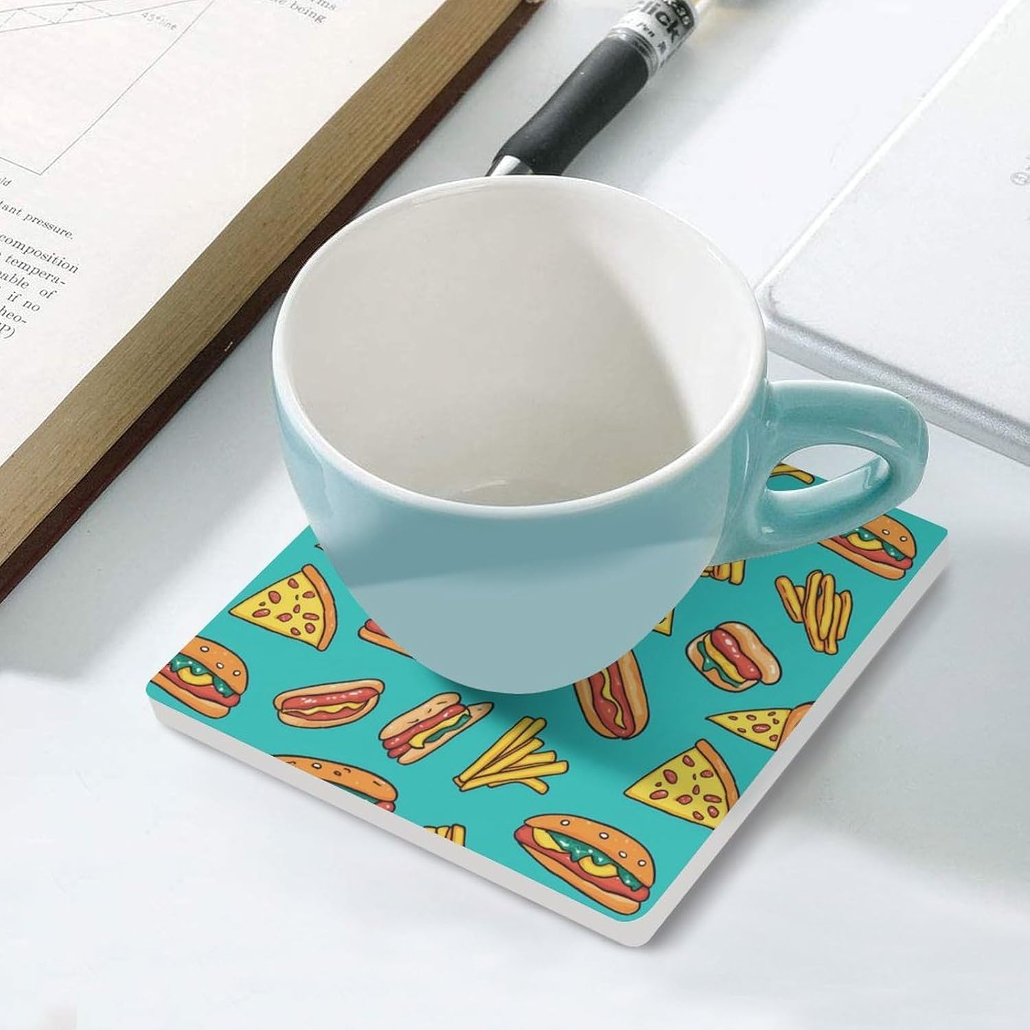 Hot Dogs Pizza Slices Funny Ceramic Coasters for Drinks Absorbent Cup Holder Tabletop Protector with Cork Base
