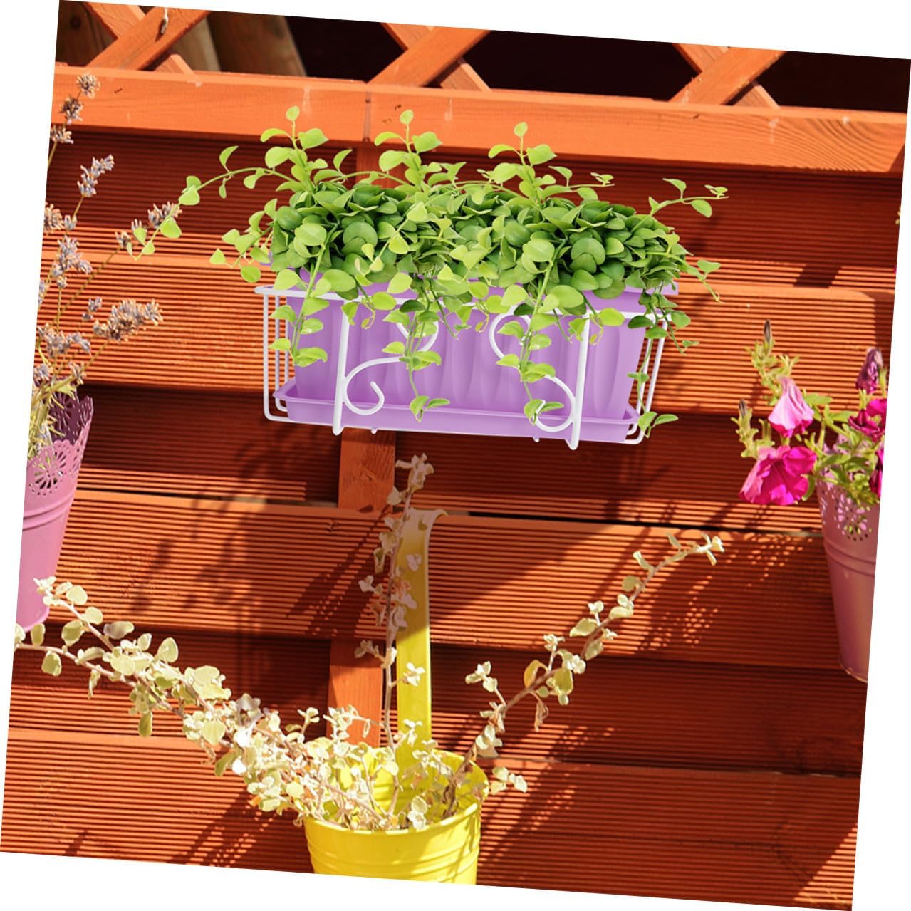 DOITOOL Rectangular Vegetable Planter Box with White Iron Bracket and Saucer, Medium Resin Flower Pot for Hanging Balcony Railing Garden and Windowsill Plant Container