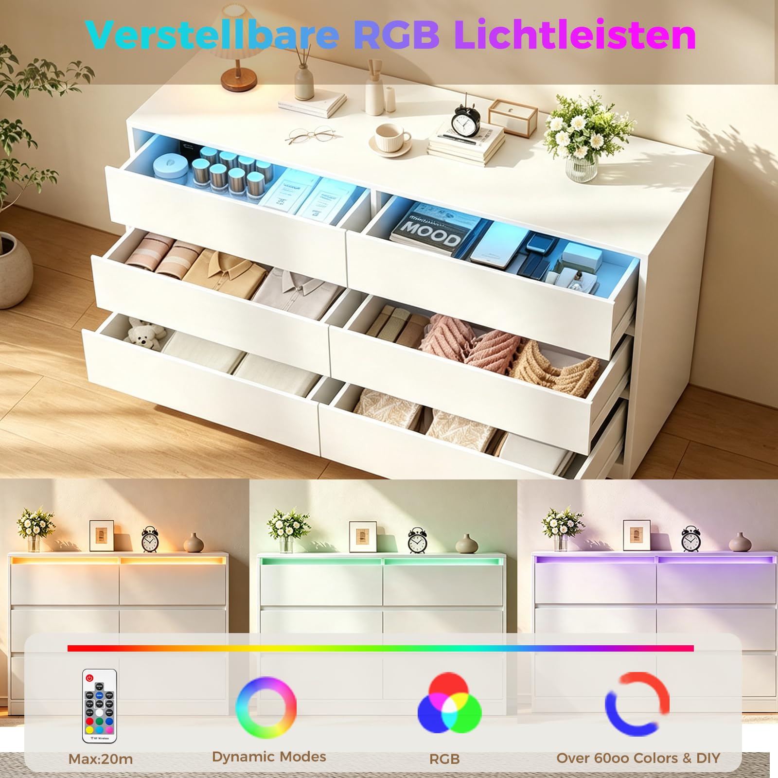 Blanche Commode Chambre à 6 tiroirs, Commode avec éclairage LED