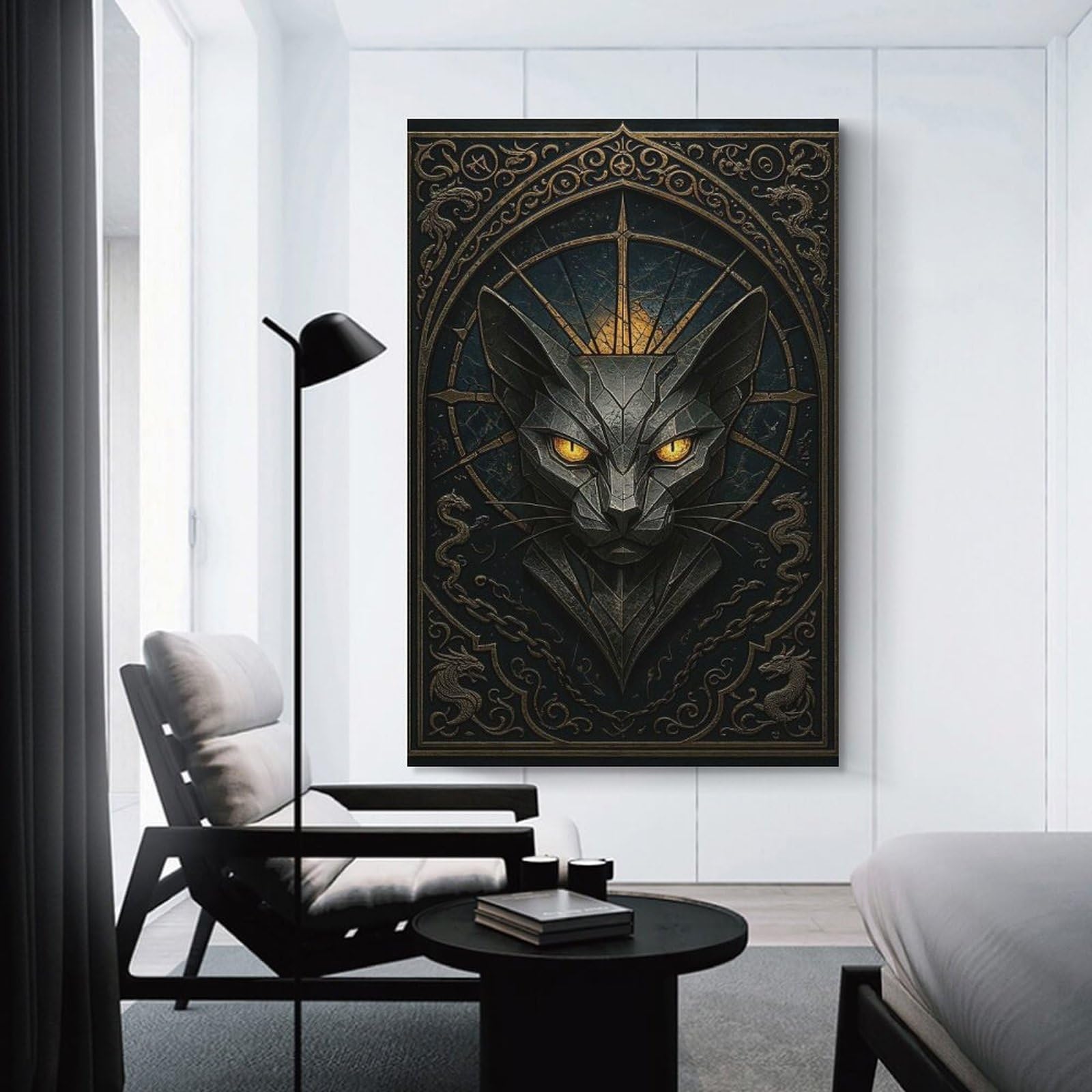 Junmoney Golden Eyes Cat – Gothic Stained Glass Fantasy Room Decor Wall Art, 20x30inch(50x75cm), for Feature Walls in Flats Or Modern Rooms, A Versatile Canvas Print for Layering