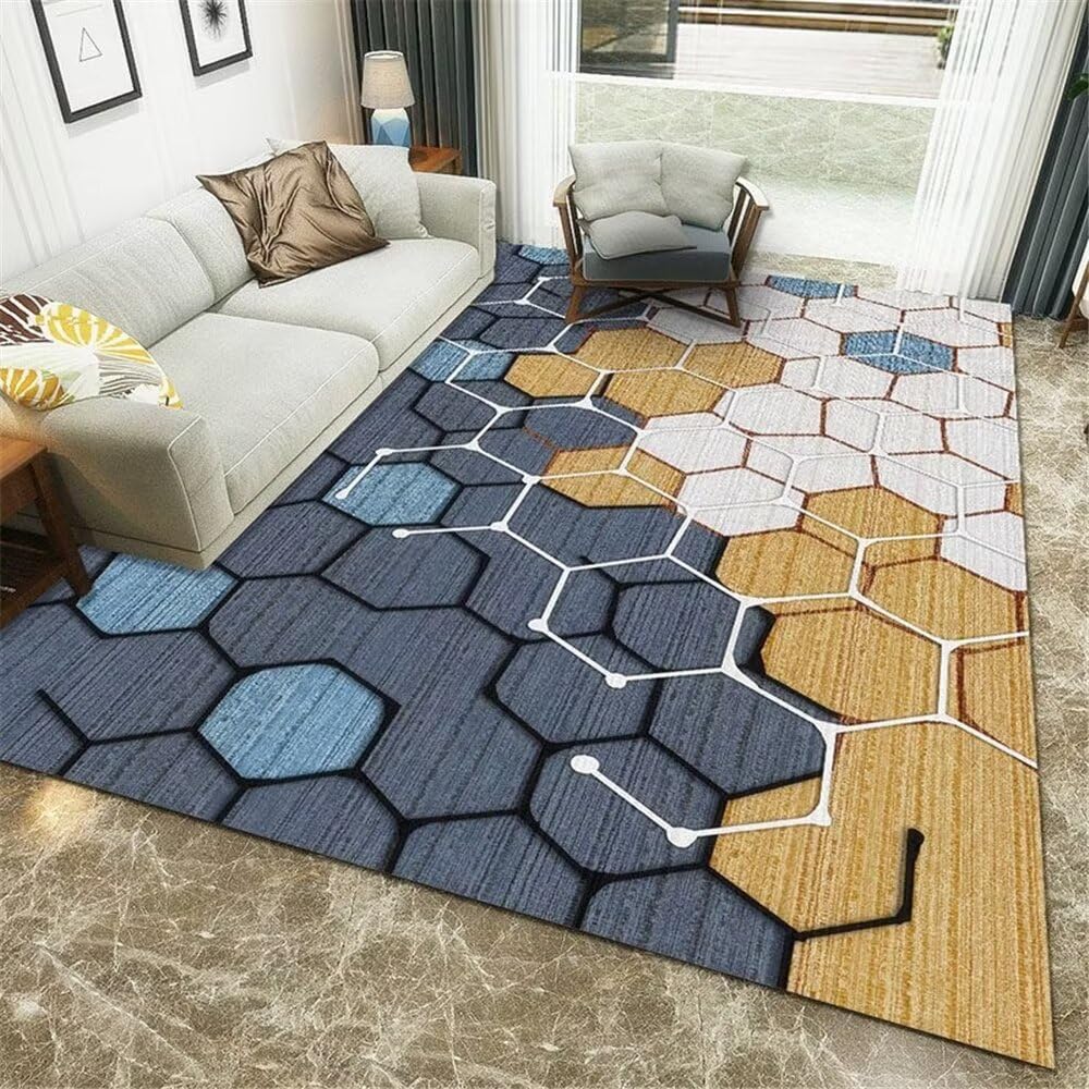 Tapis lavable en machine jaune hexagone 200x300cm pour grand salon et salle à manger