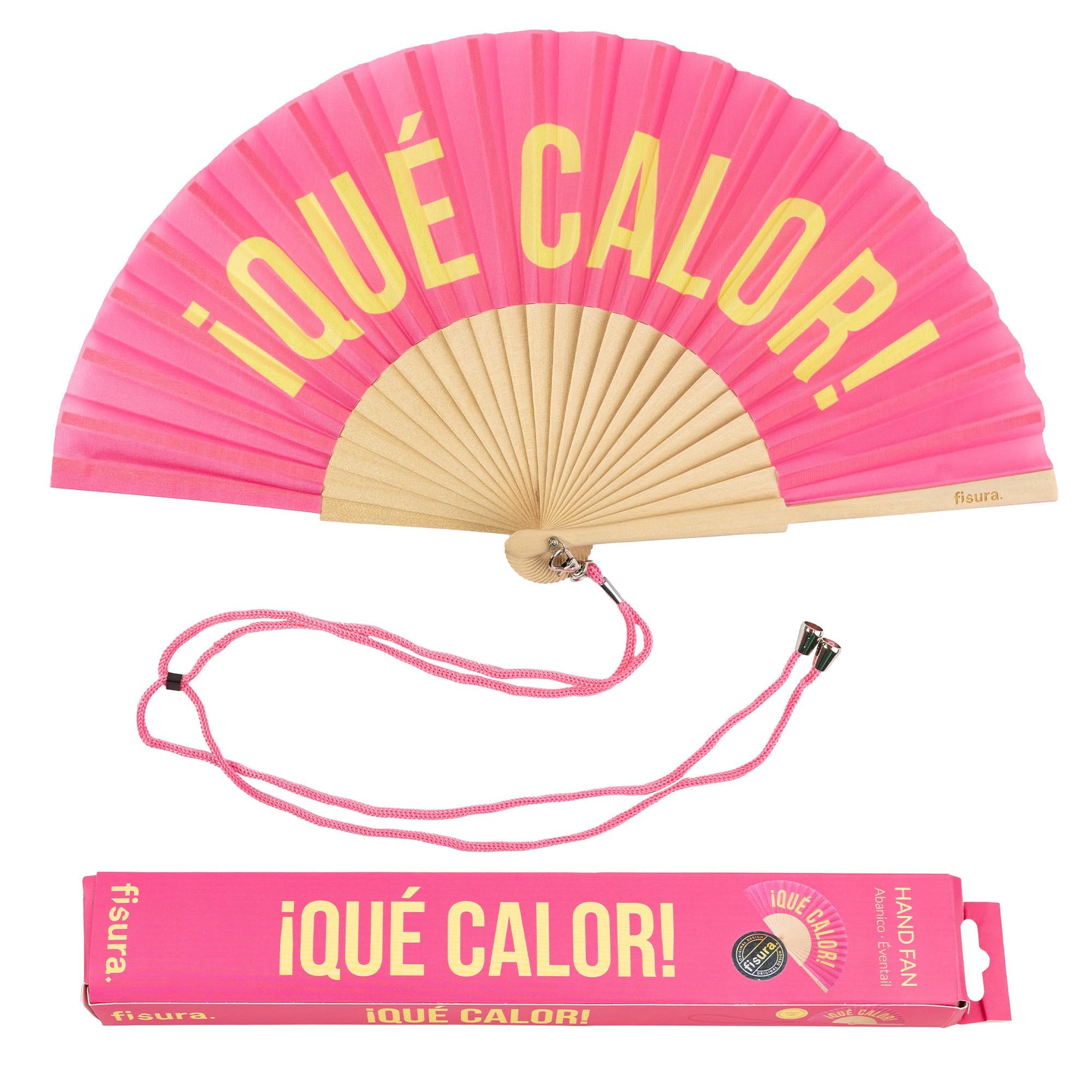 Fisura What Hot, Pink - Original Handheld Folding Fan With The Message In Spanish. Wooden Fan. Original Holding Hand Fans. Fan With Hanger Included (Que Calor, Pink And Yellow)