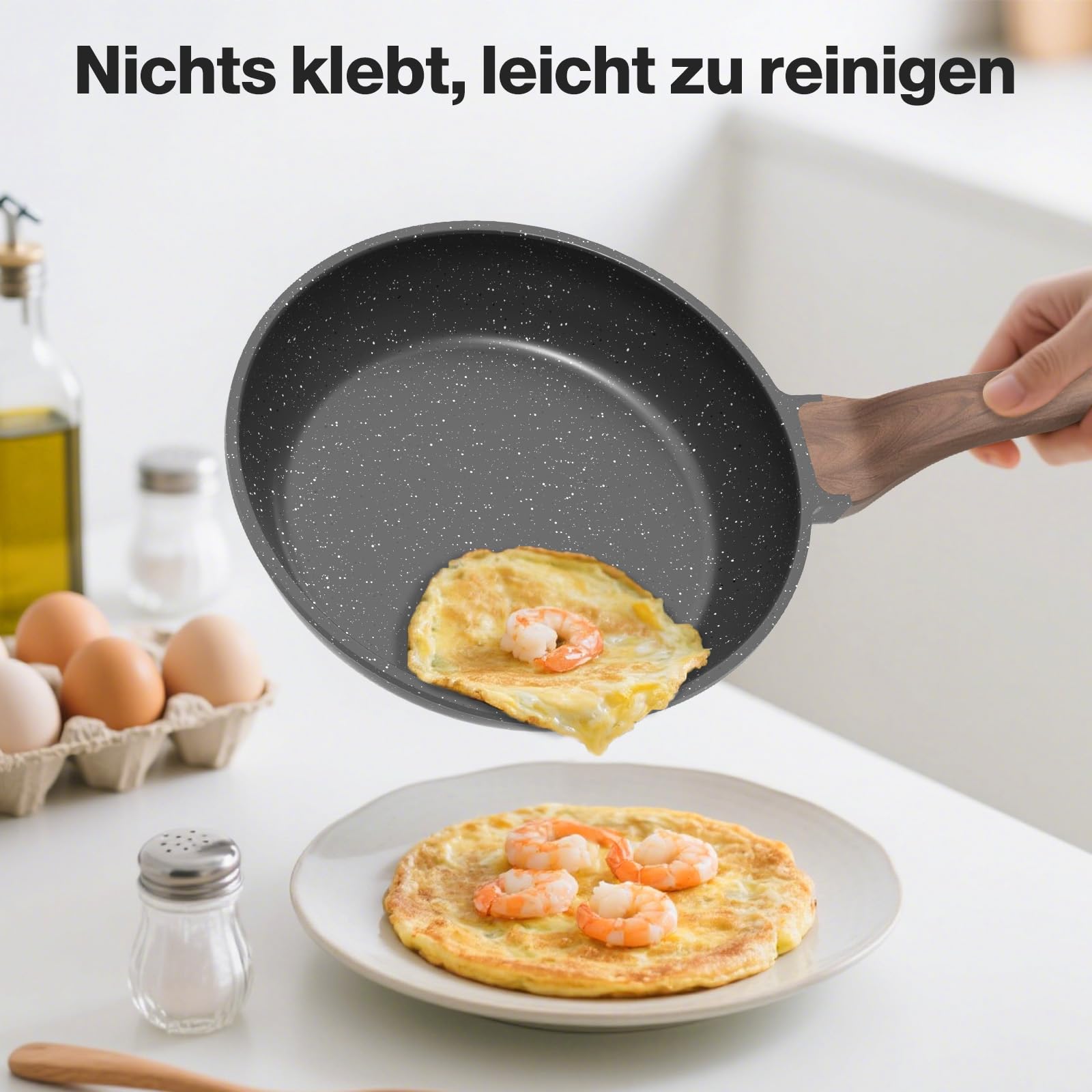 YASHE Antihaft-Bratpfannen-Set, 3-teilig mit 20/24/28 cm Granit-Pfannen, induktionsgeeignet, gesunde und langlebige Pfannen für Omeletts & Alltag, Kochen, Grau