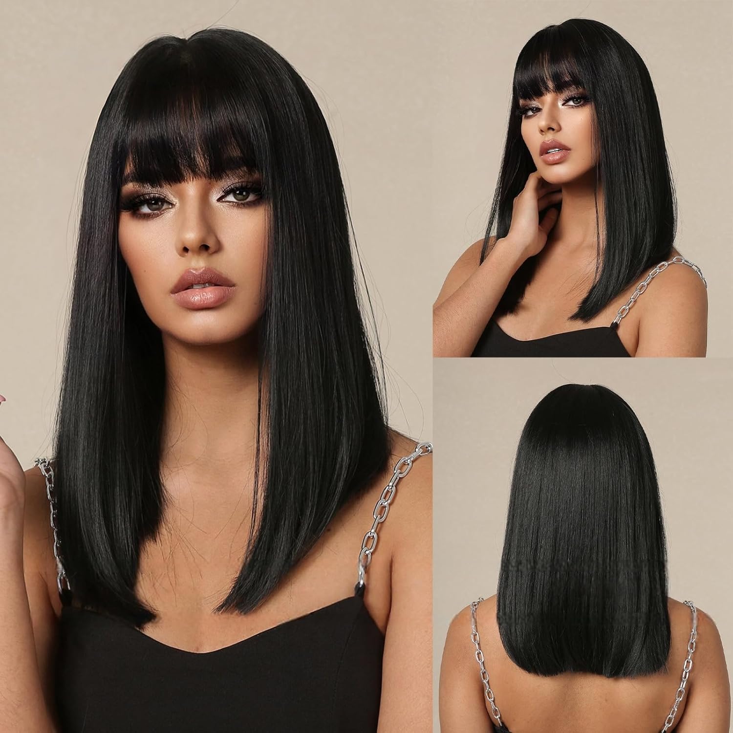 Natural Black Layered Medium Long Hair With Bangs Shoulder Length Human Hair Wigs Glueless For Women Party Wedding (Black,18inch)