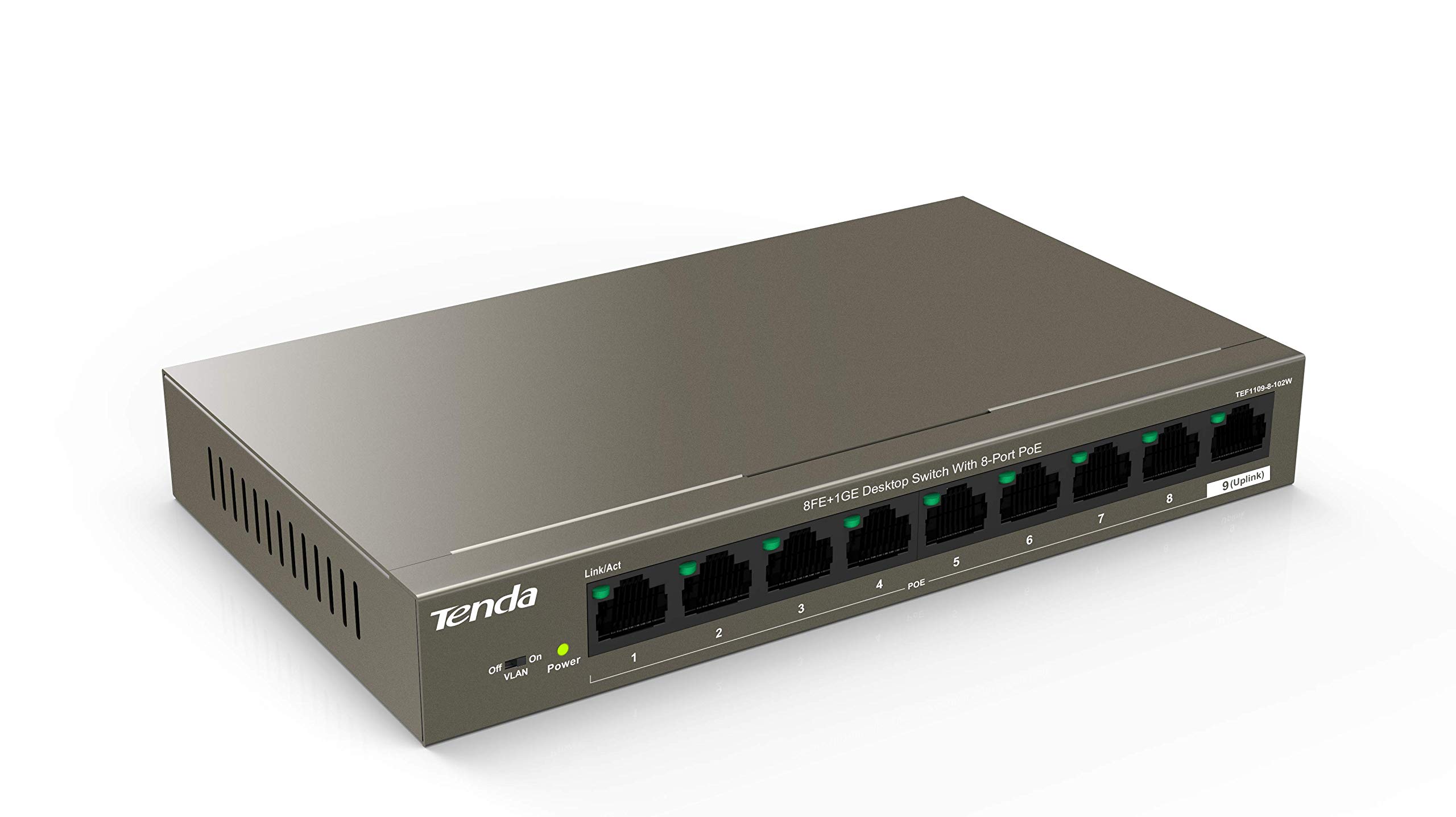 Tenda PoE Switch, 9 Porte 10/100 Mbps, 8 PoE Porte, 63W, IEEE 802.3af/at, Nessuna Configurazione Necessaria, Protezione Antifulmine Professionale,Cassa in Metallo TEF1109P-8-63W