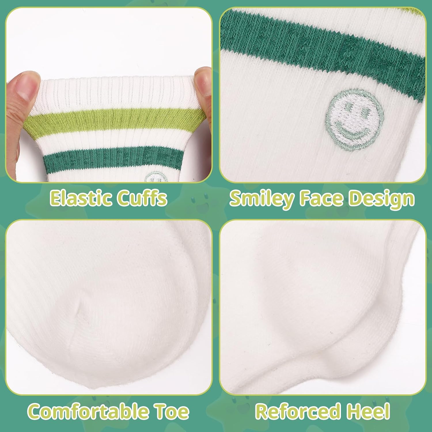 Women's Striped Crew Socks, Smile Face Retro Athletic Socks Breathable Cotton Mid-calf Socks for Running Gym Casual, Size 6-9, 4 Pairs