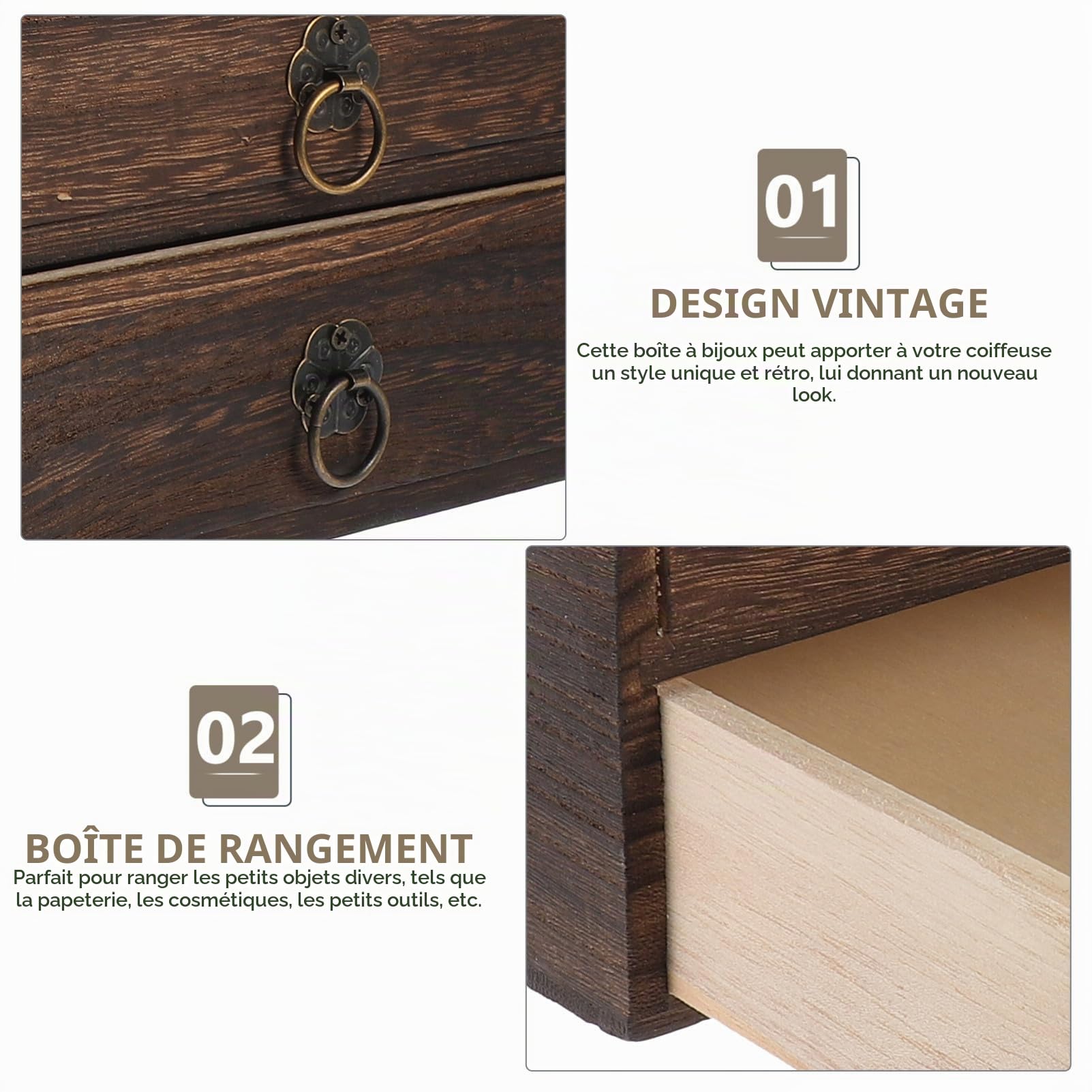 Garneck Boîte Tiroir en Bois Marron Vintage à 2 Niveaux, Boîte de Rangement à Tiroirs Solide et Empilable pour Articles Divers Design Fonctionnel et Capacité de Charge Élevée