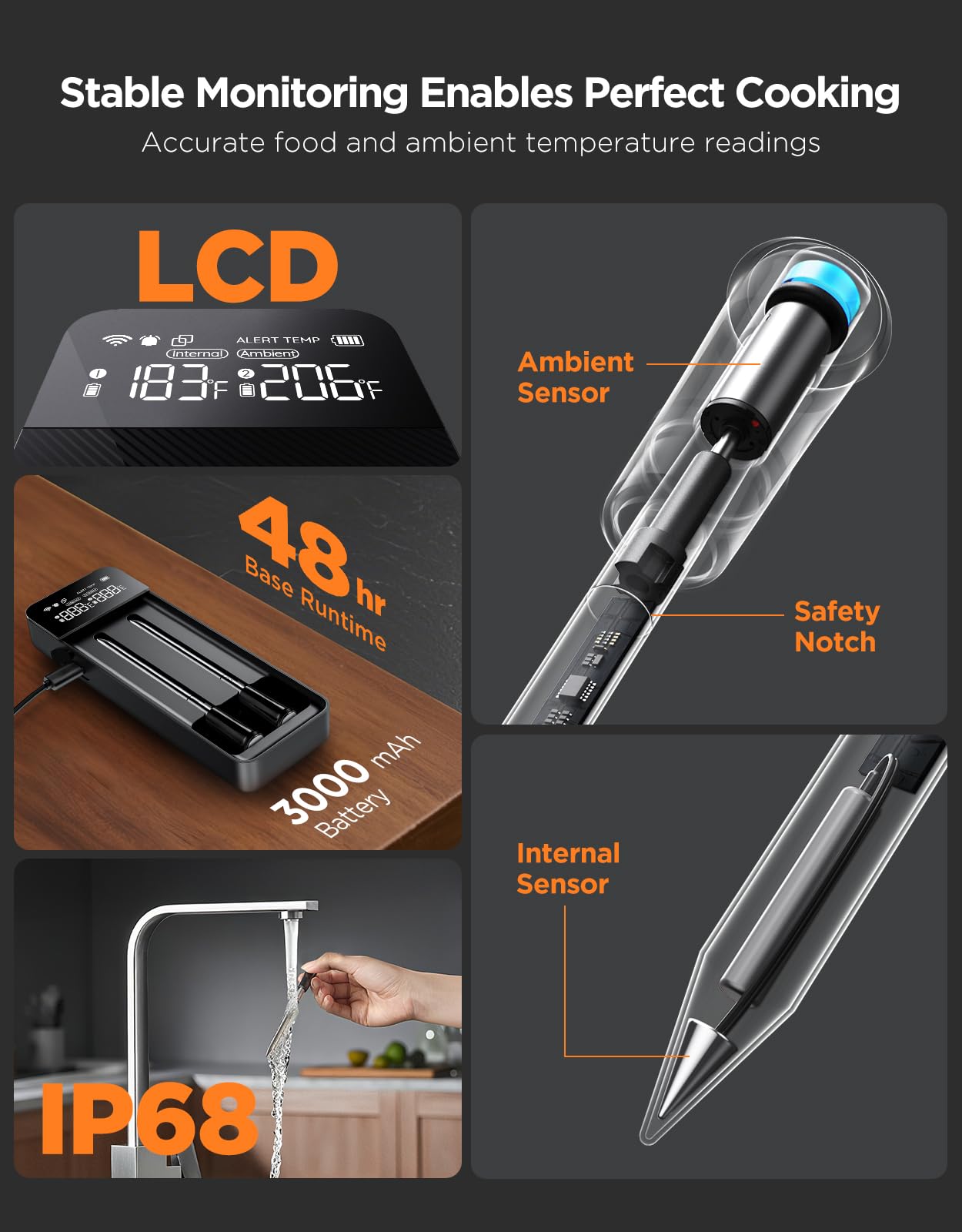 GoveeLife Termometro per carne senza fili, Bluetooth, portata wireless illimitata Wi-Fi, con precisione ± 1,8 ℉, IP68, per cucina, barbecue, forno, girarrosto