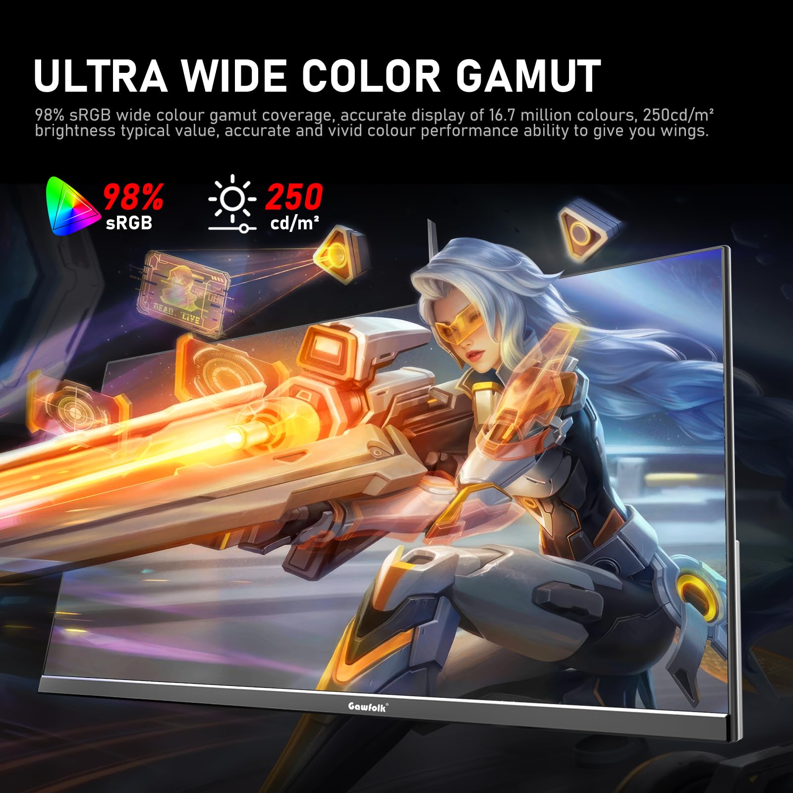 Gawfolk Monitor para juegos de PC de 24.5 pulgadas, 300 Hz, pantalla FHD 1080p, sincronización adaptativa, 1 ms sin bisel, 98% sRGB, vista de ángulo de 178°, HDMI, DisplayPort, compatible con montaje