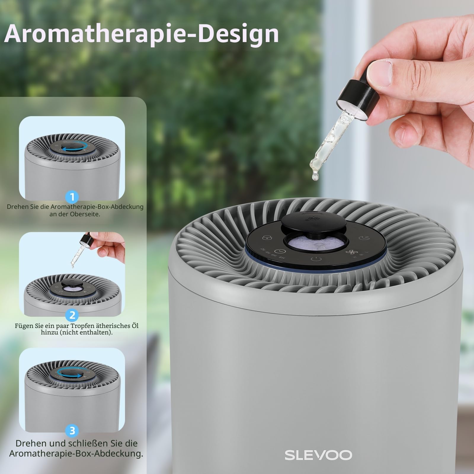 Slevoo Luftreiniger Schlafzimmer mit H13 HEPA Filter, 240m³/h CADR, Leise | Air Purifier für Räume bis 102 m² gegen Allergie, Pollen, Staub, Rauch & Tierhaare, mit Timer & Aromatherapie, Grau