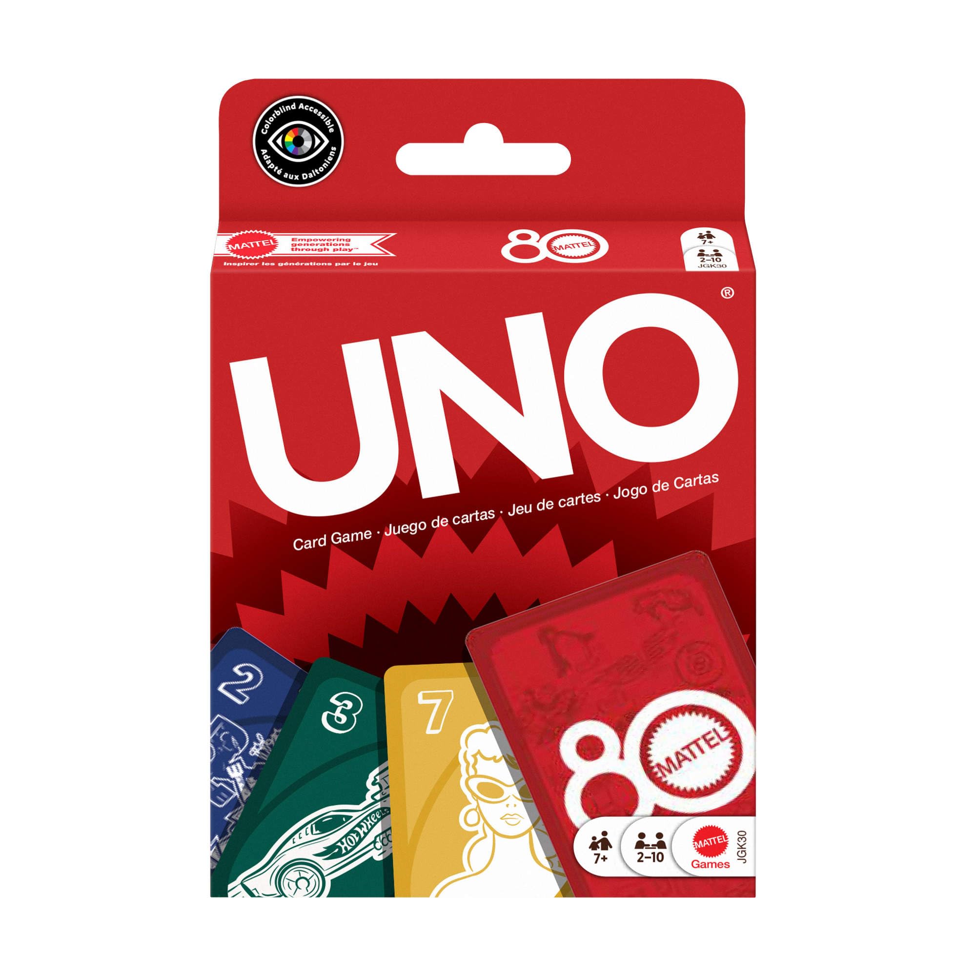 Mattel Games - UNO 80° Anniversario Mattel, versione speciale Rosso Rubino da collezione dell'iconico gioco di carte, per serate in famiglia e tra amici, giocattolo per bambini, 7+ anni, JGK30
