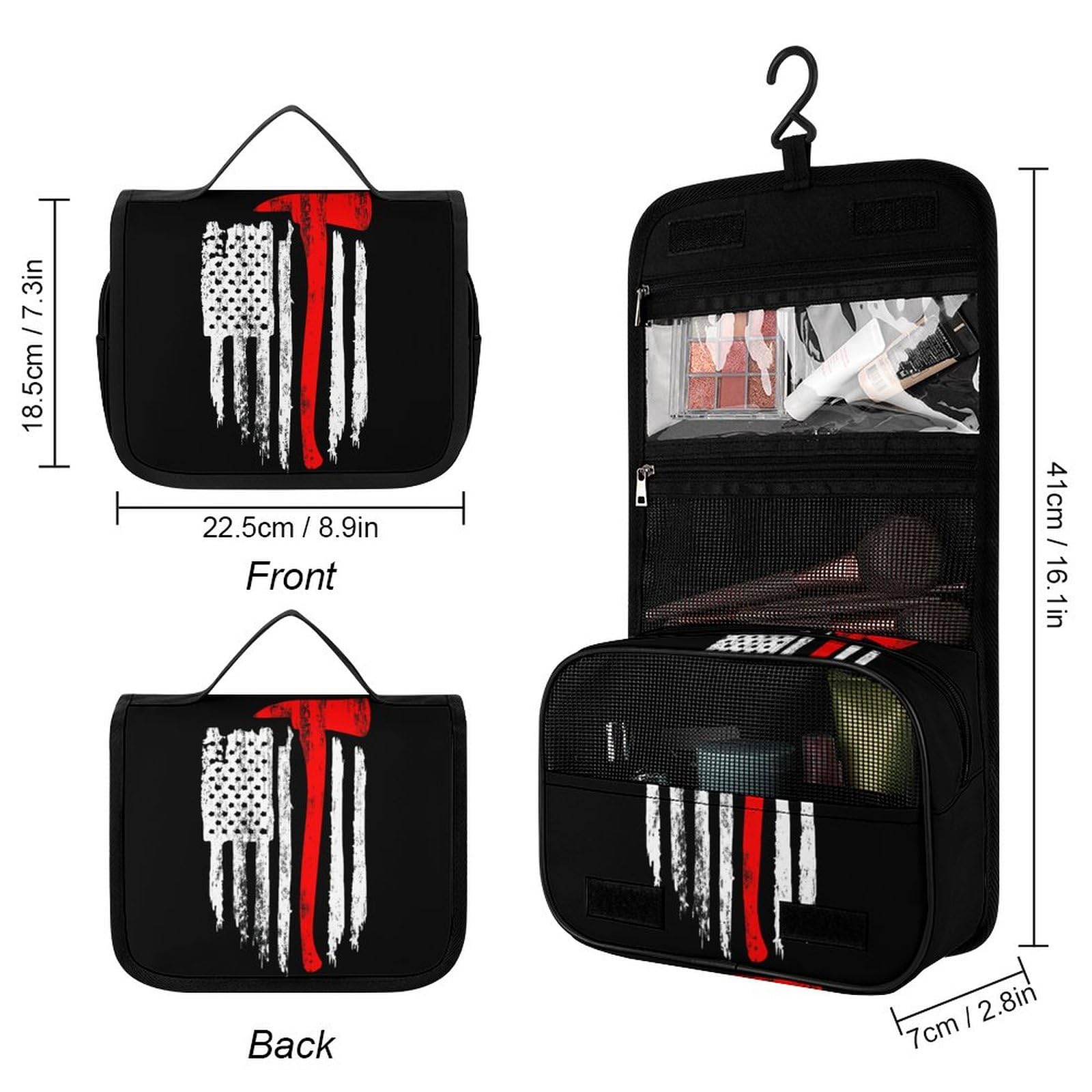 Fireman Axe Line American Flag Toiletry Bag Hanging Wash Bag Travel Makeup Bag Organizer Cosmetic Bag for Women Men