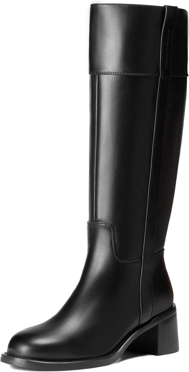 Reitoye Knee High Boots Women Round Toe Chunky Block Heeled Boots Side Zipper Tall Gogo Boots Shoes