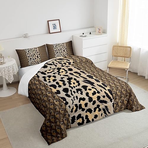 Miniatura 4 de Erosebridal Juego de edredón con estampado de leopardo, juego de ropa de cama de guepardo marrón con estampado de animales, juegos de edredón de